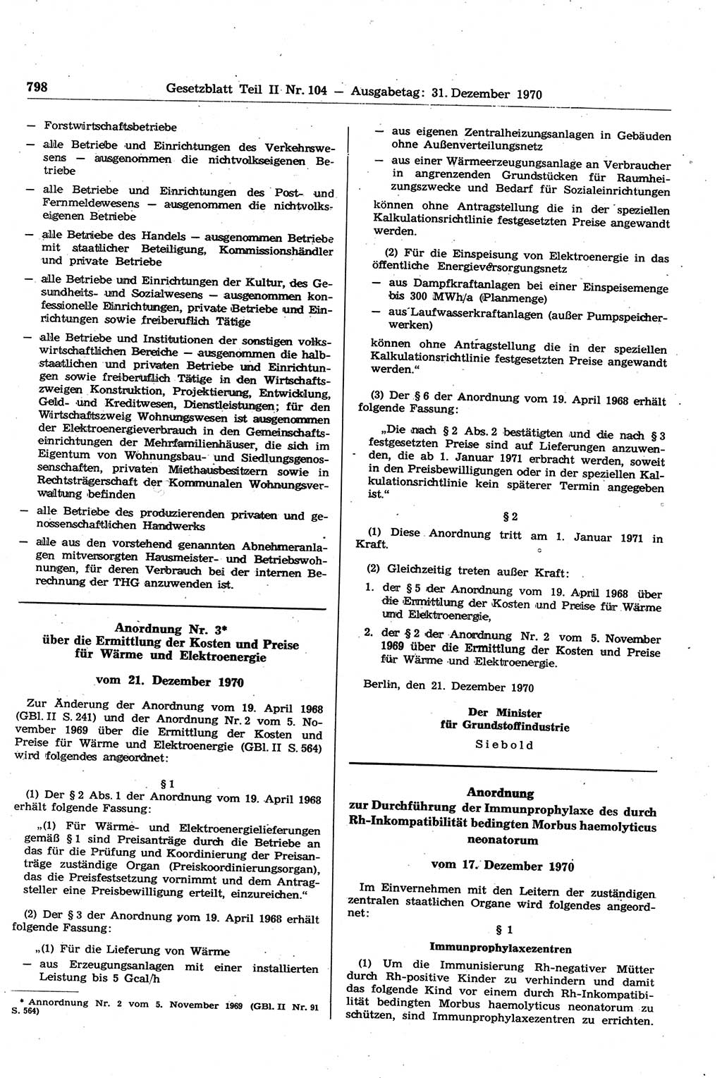 Gesetzblatt (GBl.) der Deutschen Demokratischen Republik (DDR) Teil ⅠⅠ 1970, Seite 798 (GBl. DDR ⅠⅠ 1970, S. 798)