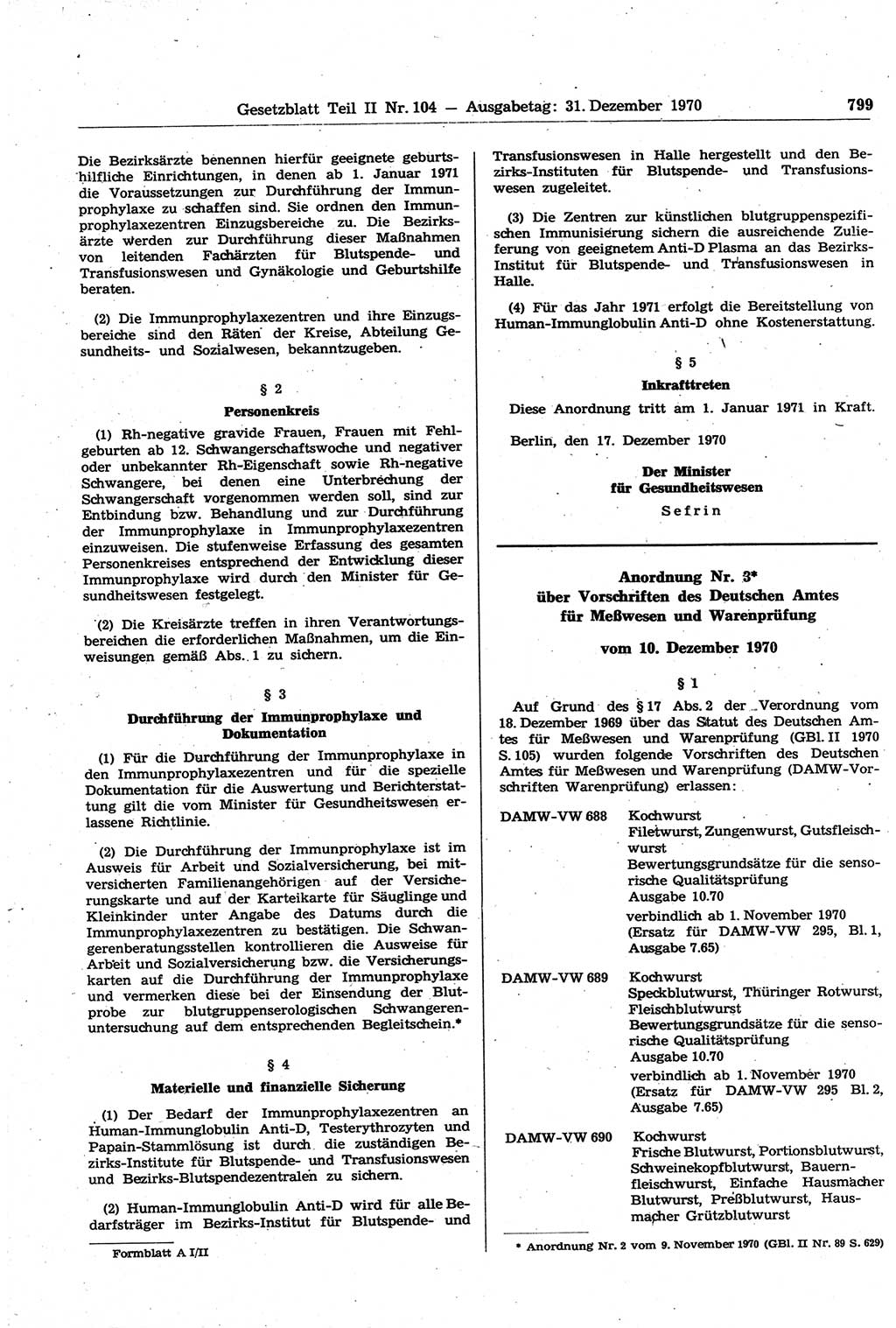 Gesetzblatt (GBl.) der Deutschen Demokratischen Republik (DDR) Teil ⅠⅠ 1970, Seite 799 (GBl. DDR ⅠⅠ 1970, S. 799)