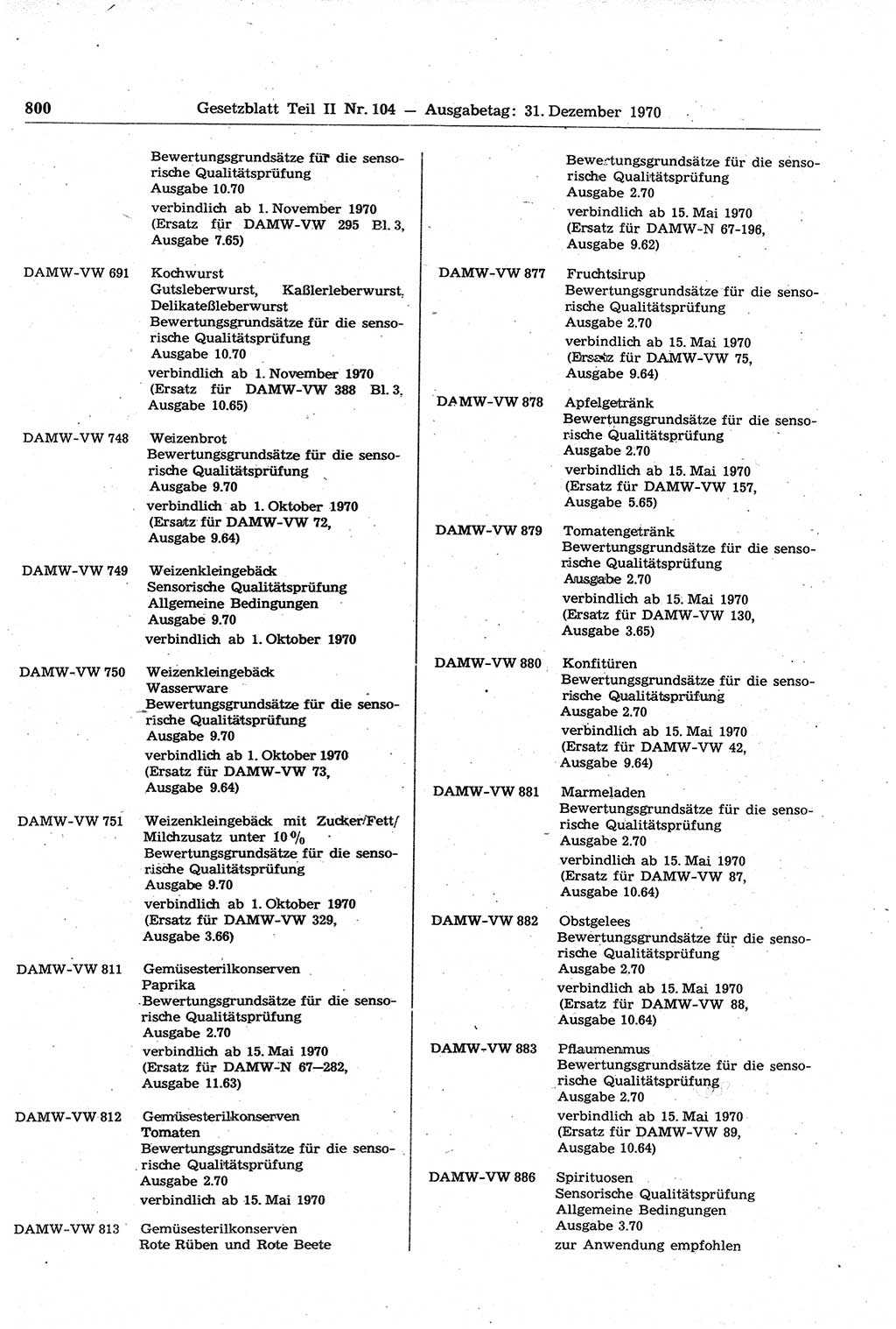 Gesetzblatt (GBl.) der Deutschen Demokratischen Republik (DDR) Teil ⅠⅠ 1970, Seite 800 (GBl. DDR ⅠⅠ 1970, S. 800)