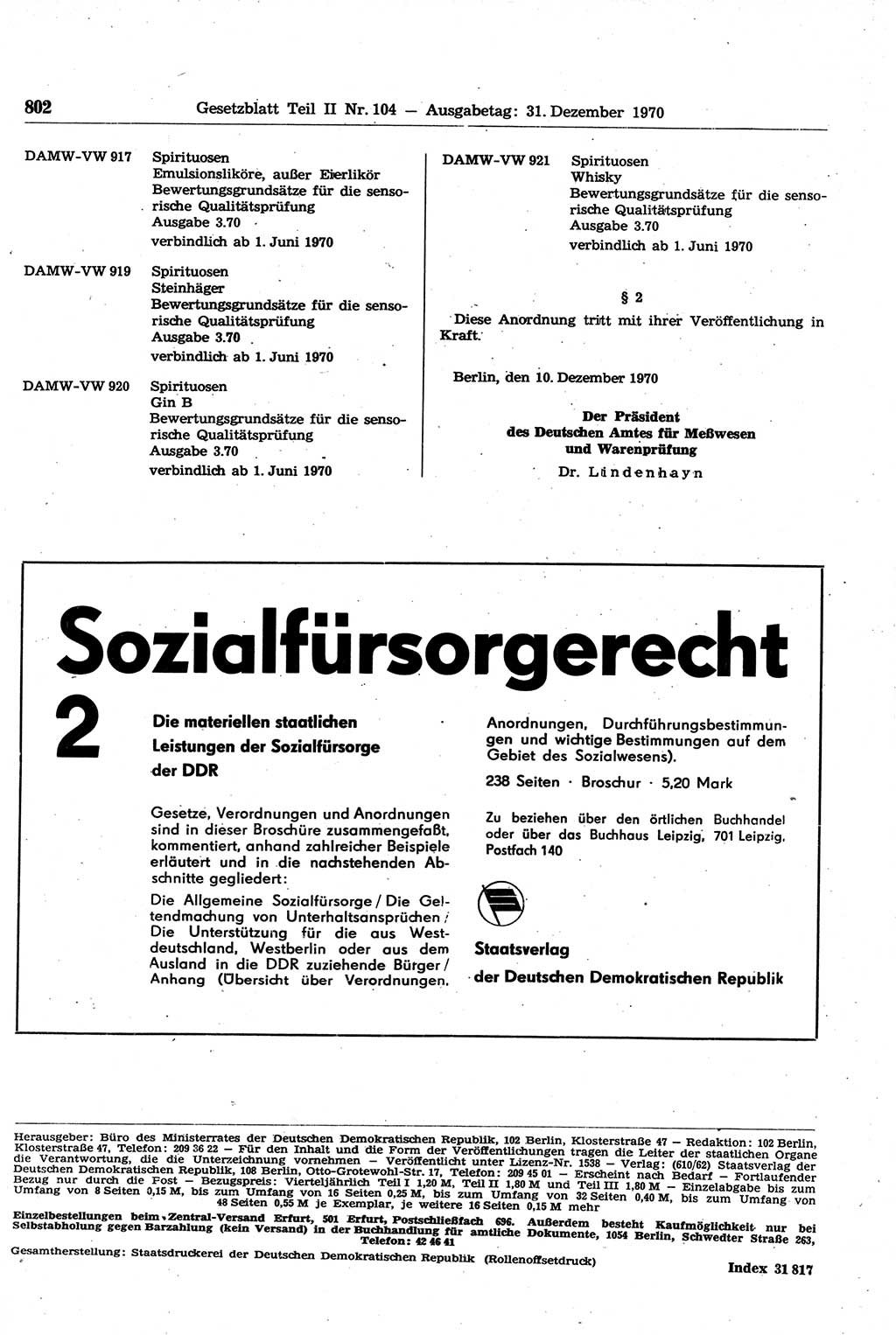 Gesetzblatt (GBl.) der Deutschen Demokratischen Republik (DDR) Teil ⅠⅠ 1970, Seite 802 (GBl. DDR ⅠⅠ 1970, S. 802)