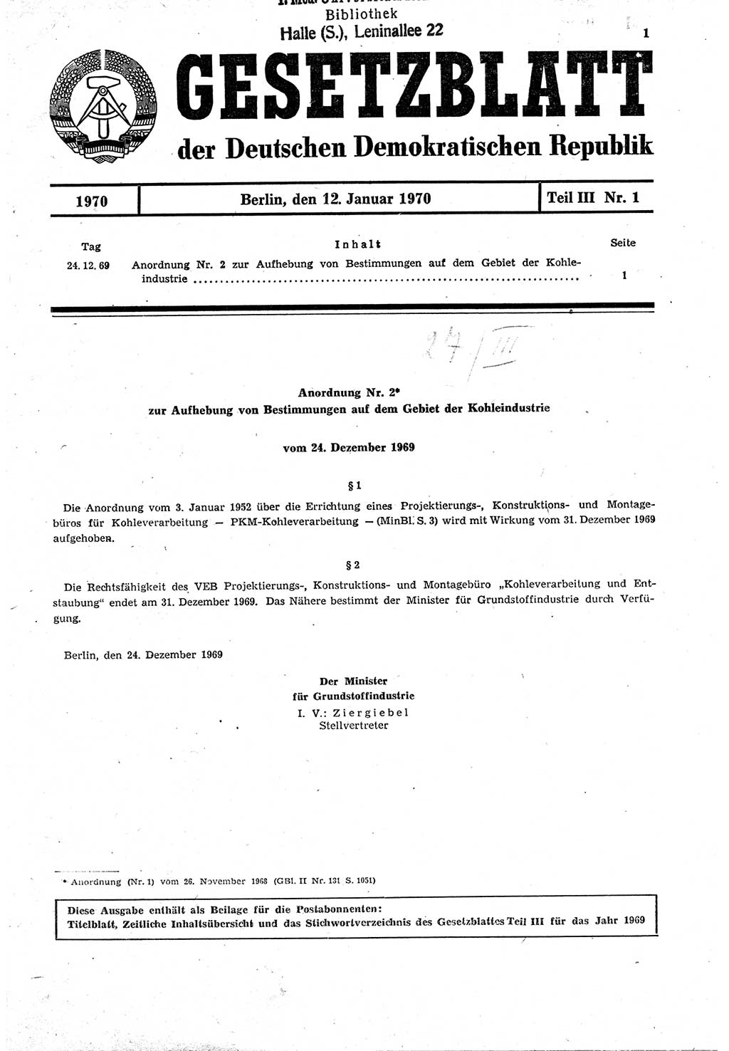 Gesetzblatt (GBl.) der Deutschen Demokratischen Republik (DDR) Teil ⅠⅠⅠ 1970, Seite 1 (GBl. DDR ⅠⅠⅠ 1970, S. 1)