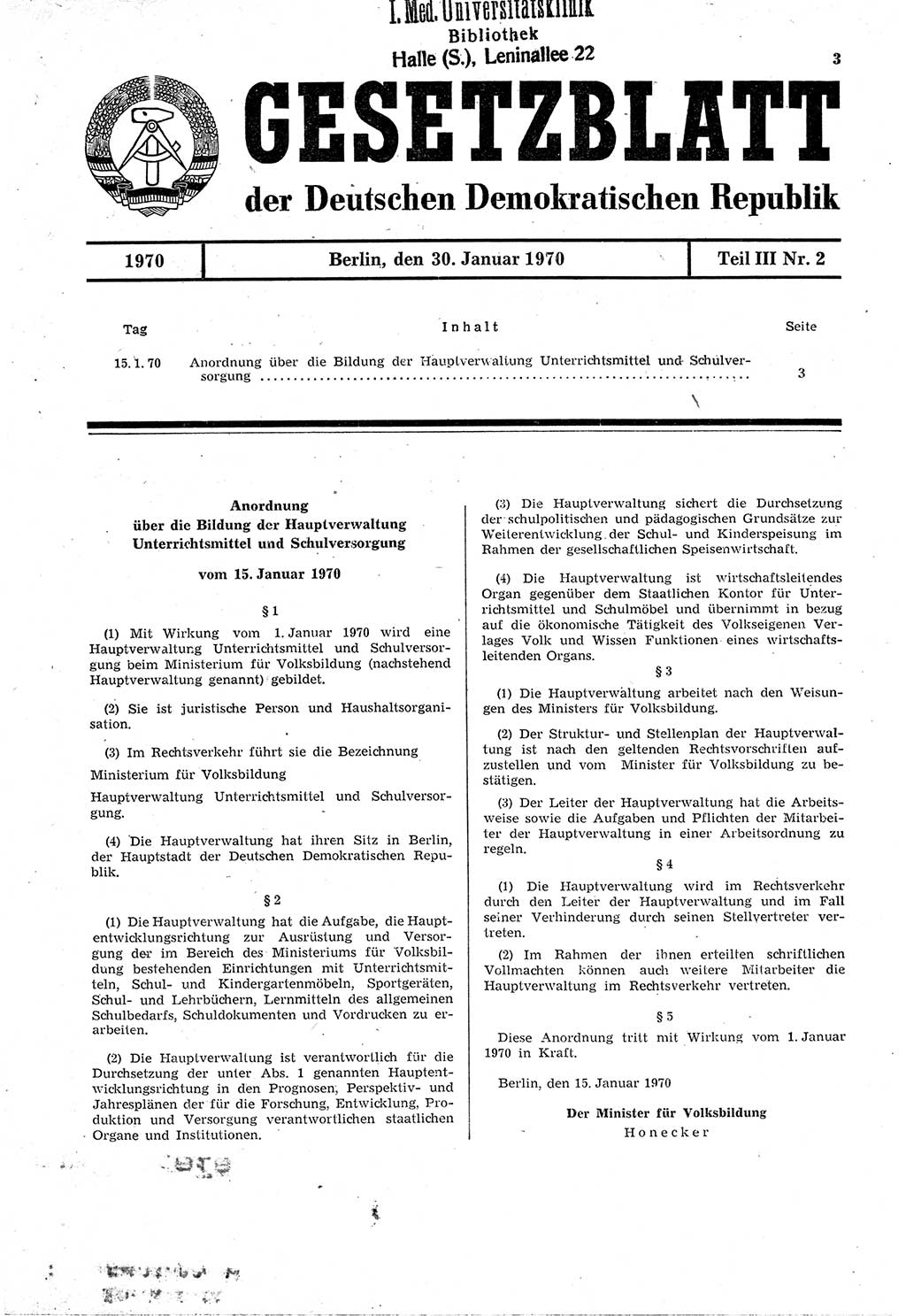 Gesetzblatt (GBl.) der Deutschen Demokratischen Republik (DDR) Teil ⅠⅠⅠ 1970, Seite 3 (GBl. DDR ⅠⅠⅠ 1970, S. 3)