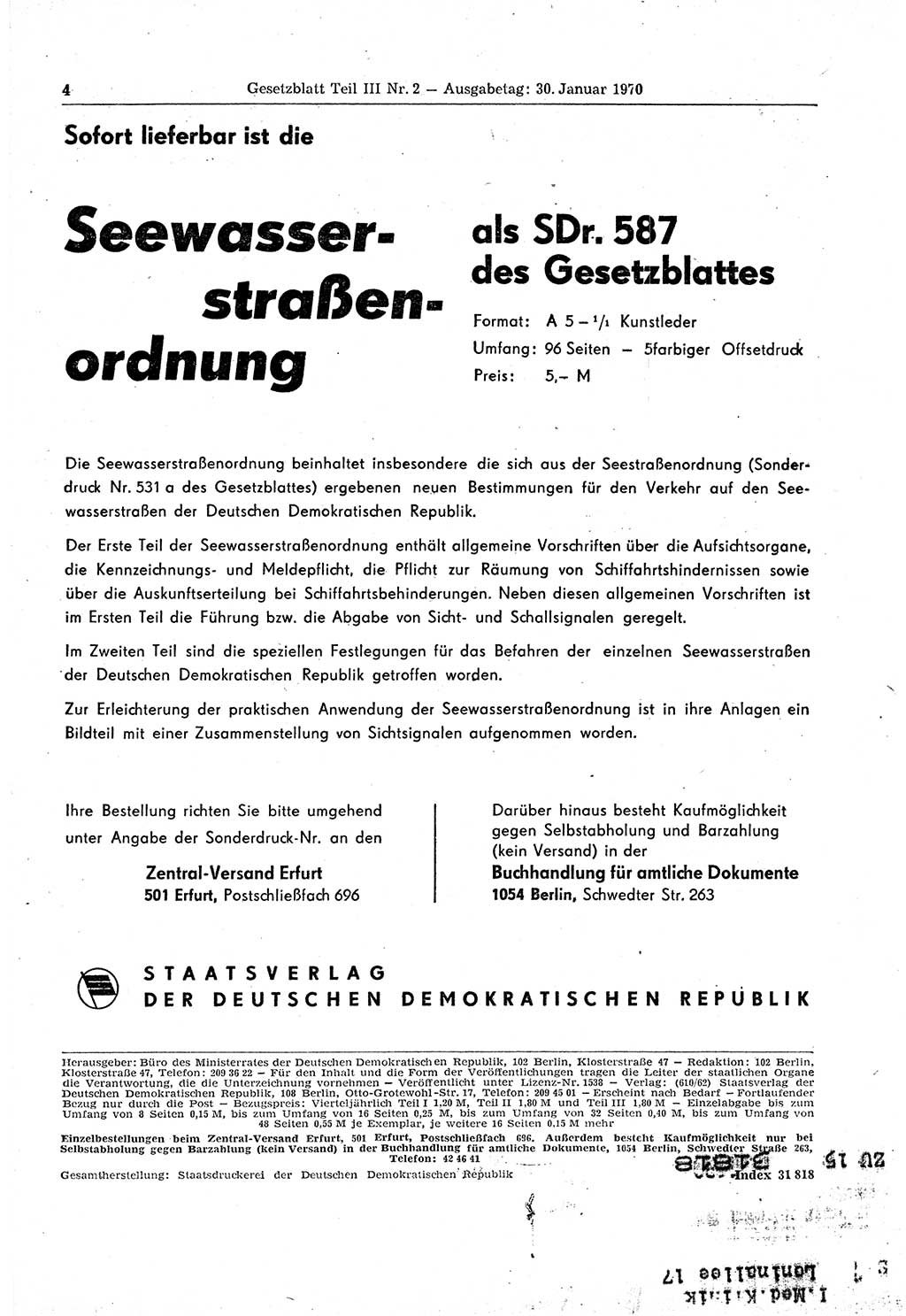 Gesetzblatt (GBl.) der Deutschen Demokratischen Republik (DDR) Teil ⅠⅠⅠ 1970, Seite 4 (GBl. DDR ⅠⅠⅠ 1970, S. 4)