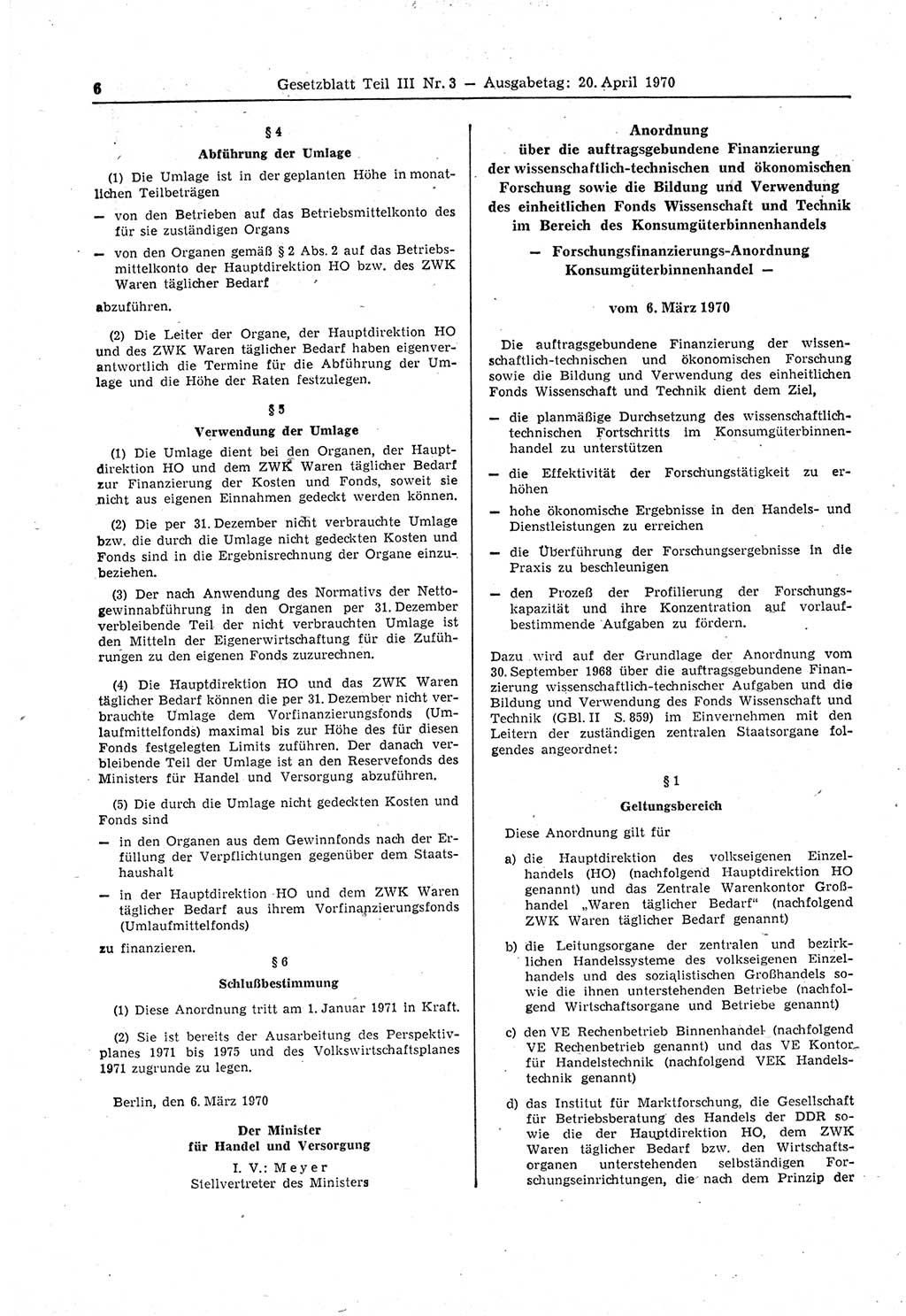 Gesetzblatt (GBl.) der Deutschen Demokratischen Republik (DDR) Teil ⅠⅠⅠ 1970, Seite 6 (GBl. DDR ⅠⅠⅠ 1970, S. 6)