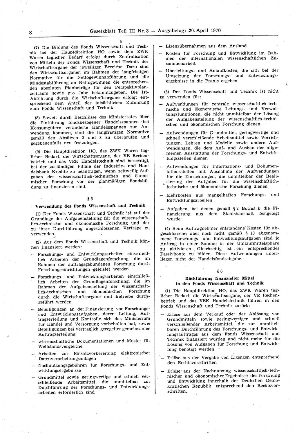 Gesetzblatt (GBl.) der Deutschen Demokratischen Republik (DDR) Teil ⅠⅠⅠ 1970, Seite 8 (GBl. DDR ⅠⅠⅠ 1970, S. 8)