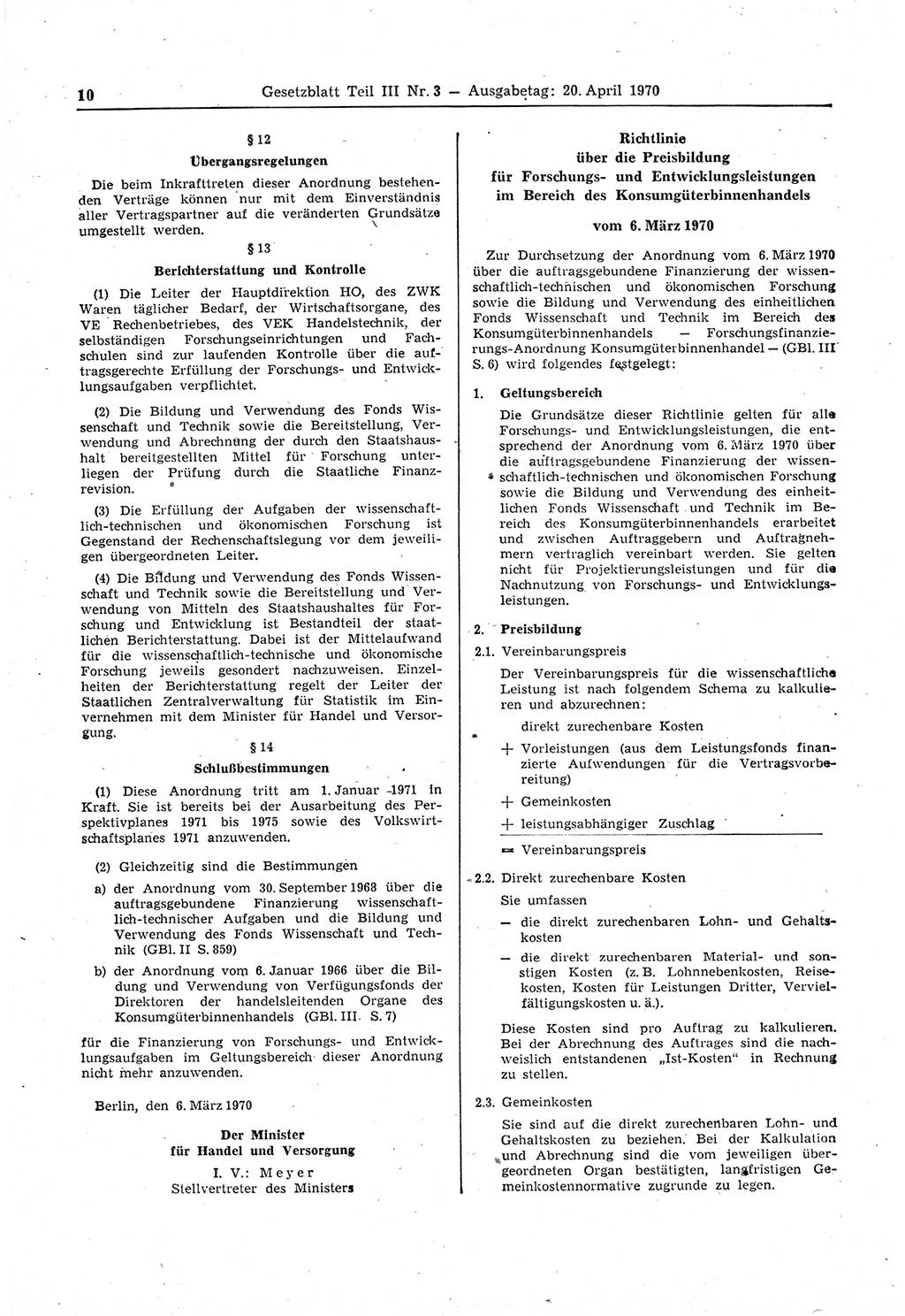 Gesetzblatt (GBl.) der Deutschen Demokratischen Republik (DDR) Teil ⅠⅠⅠ 1970, Seite 10 (GBl. DDR ⅠⅠⅠ 1970, S. 10)