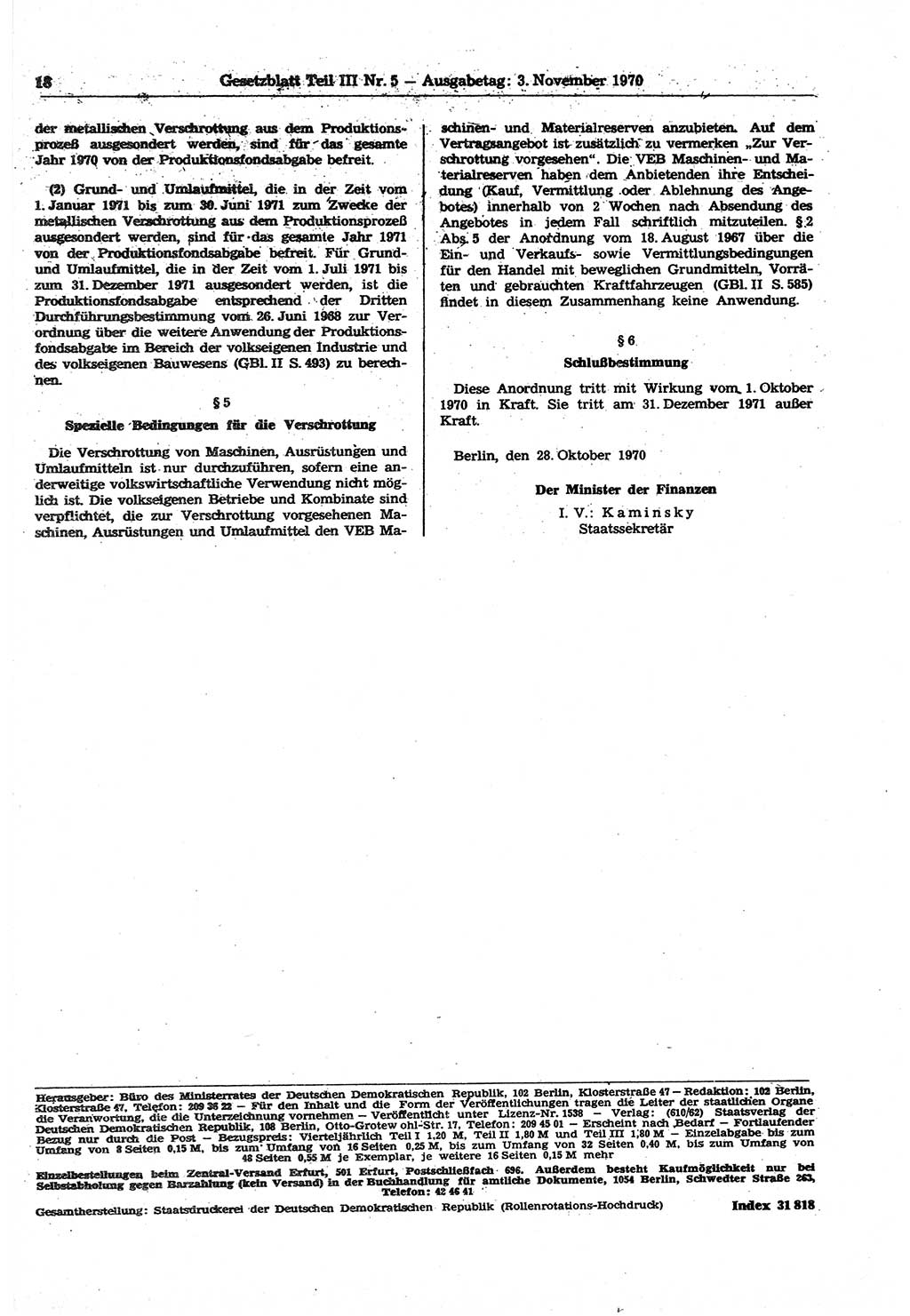 Gesetzblatt (GBl.) der Deutschen Demokratischen Republik (DDR) Teil ⅠⅠⅠ 1970, Seite 18 (GBl. DDR ⅠⅠⅠ 1970, S. 18)