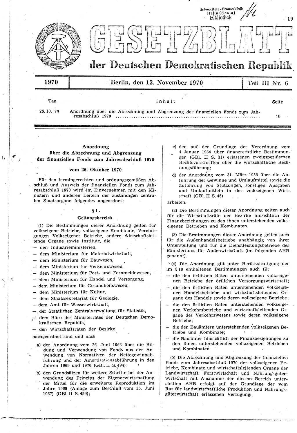 Gesetzblatt (GBl.) der Deutschen Demokratischen Republik (DDR) Teil ⅠⅠⅠ 1970, Seite 19 (GBl. DDR ⅠⅠⅠ 1970, S. 19)