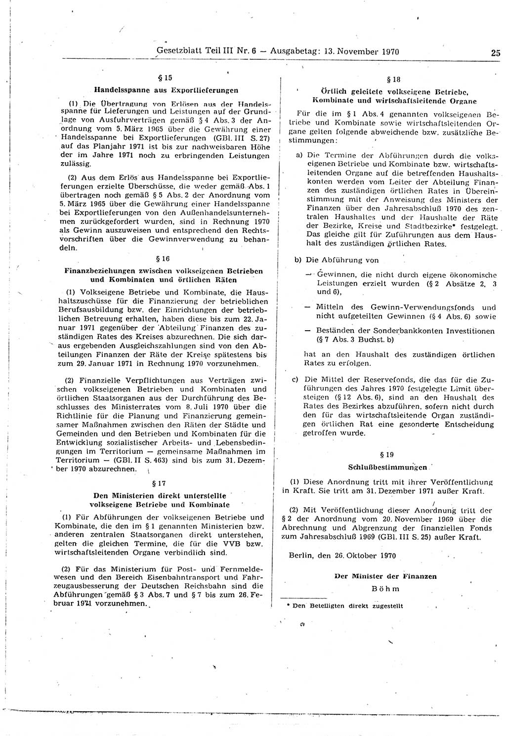 Gesetzblatt (GBl.) der Deutschen Demokratischen Republik (DDR) Teil ⅠⅠⅠ 1970, Seite 25 (GBl. DDR ⅠⅠⅠ 1970, S. 25)