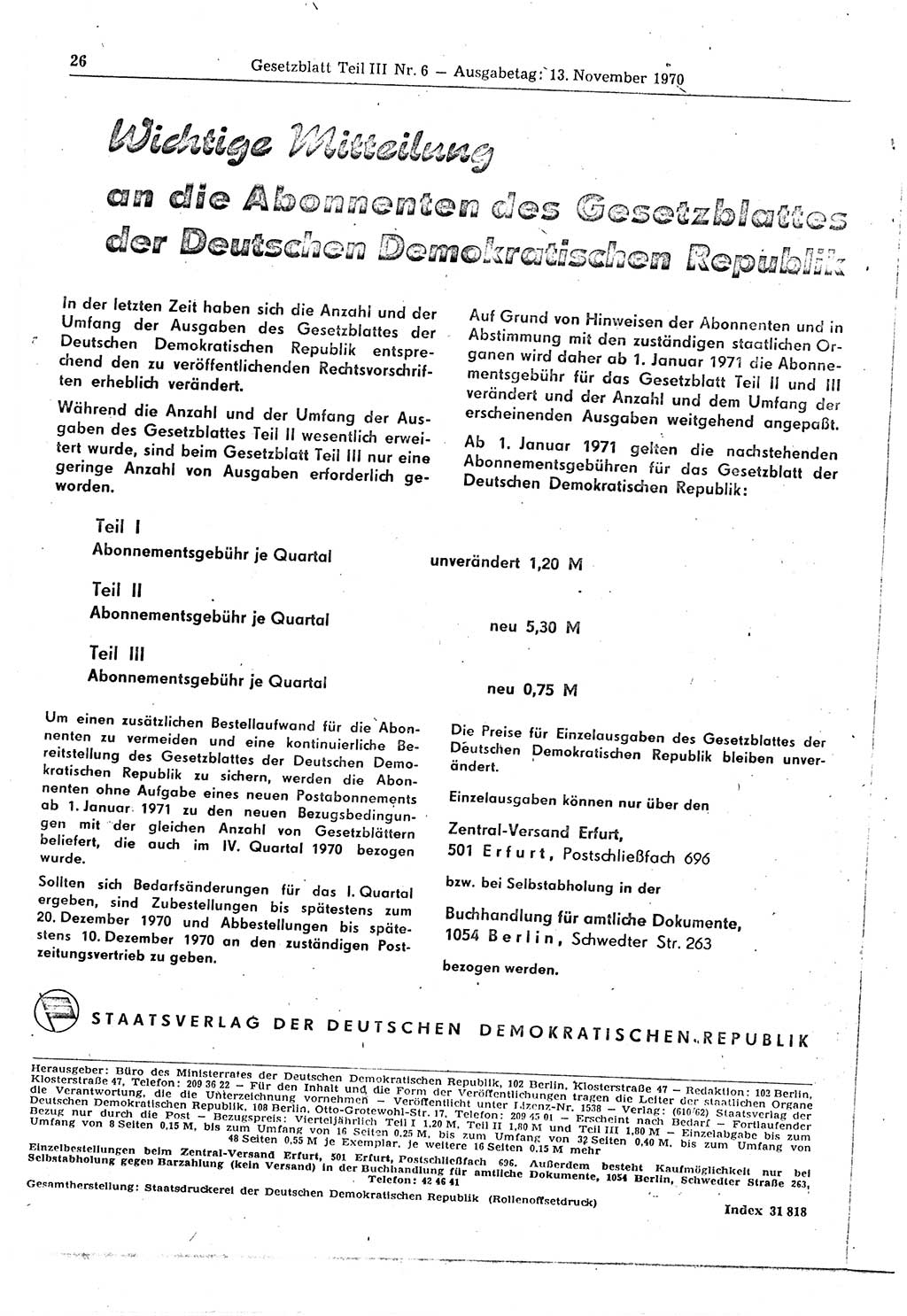 Gesetzblatt (GBl.) der Deutschen Demokratischen Republik (DDR) Teil ⅠⅠⅠ 1970, Seite 26 (GBl. DDR ⅠⅠⅠ 1970, S. 26)