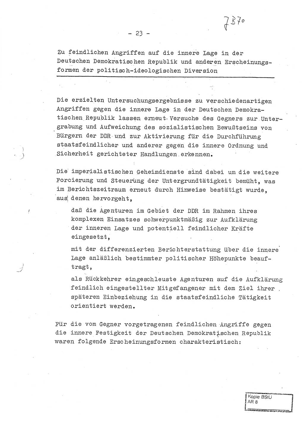 Jahresbericht der Hauptabteilung (HA) Ⅸ 1970, Ministerium für Staatssicherheit (MfS) der Deutschen Demokratischen Republik (DDR), Berlin 1971, Seite 23 (J.-Ber. MfS DDR HA Ⅸ /70 1971, S. 23)