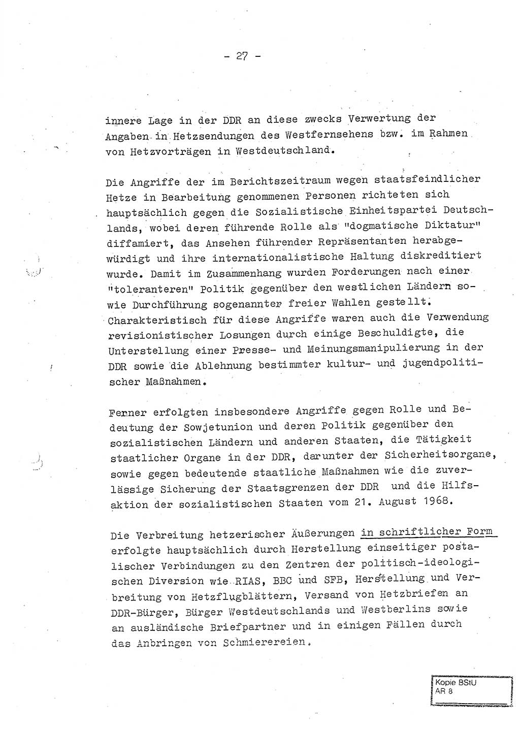 Jahresbericht der Hauptabteilung (HA) Ⅸ 1970, Ministerium für Staatssicherheit (MfS) der Deutschen Demokratischen Republik (DDR), Berlin 1971, Seite 27 (J.-Ber. MfS DDR HA Ⅸ /70 1971, S. 27)