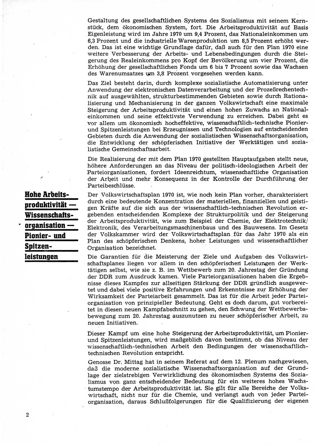 Neuer Weg (NW), Organ des Zentralkomitees (ZK) der SED (Sozialistische Einheitspartei Deutschlands) für Fragen des Parteilebens, 25. Jahrgang [Deutsche Demokratische Republik (DDR)] 1970, Seite 2 (NW ZK SED DDR 1970, S. 2)