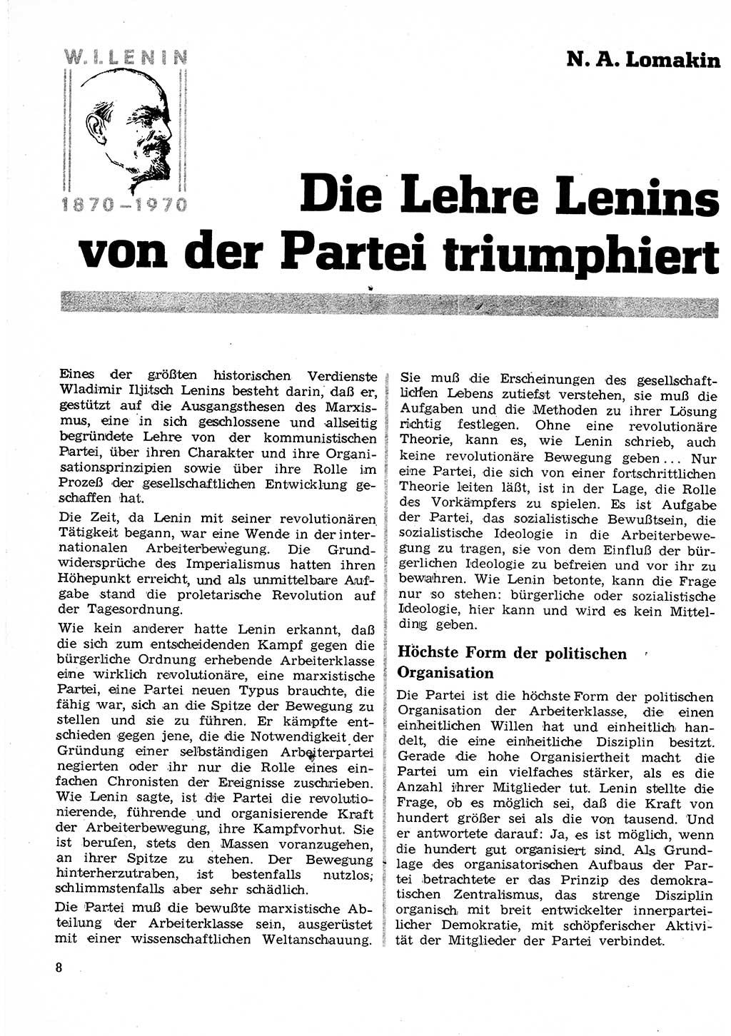 Neuer Weg (NW), Organ des Zentralkomitees (ZK) der SED (Sozialistische Einheitspartei Deutschlands) für Fragen des Parteilebens, 25. Jahrgang [Deutsche Demokratische Republik (DDR)] 1970, Seite 8 (NW ZK SED DDR 1970, S. 8)