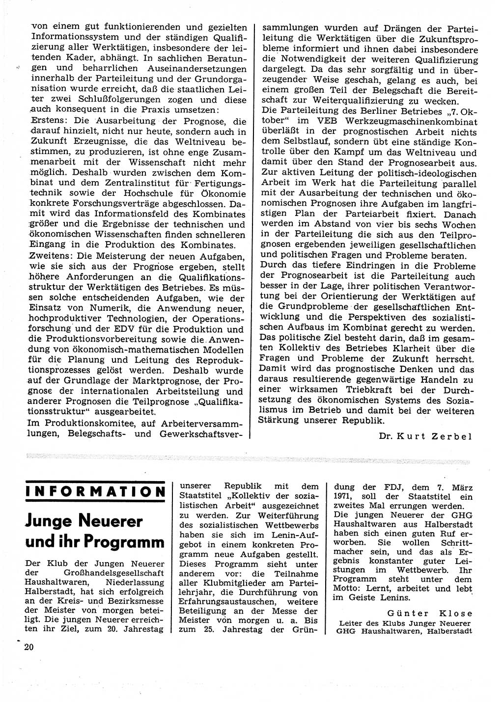 Neuer Weg (NW), Organ des Zentralkomitees (ZK) der SED (Sozialistische Einheitspartei Deutschlands) für Fragen des Parteilebens, 25. Jahrgang [Deutsche Demokratische Republik (DDR)] 1970, Seite 20 (NW ZK SED DDR 1970, S. 20)