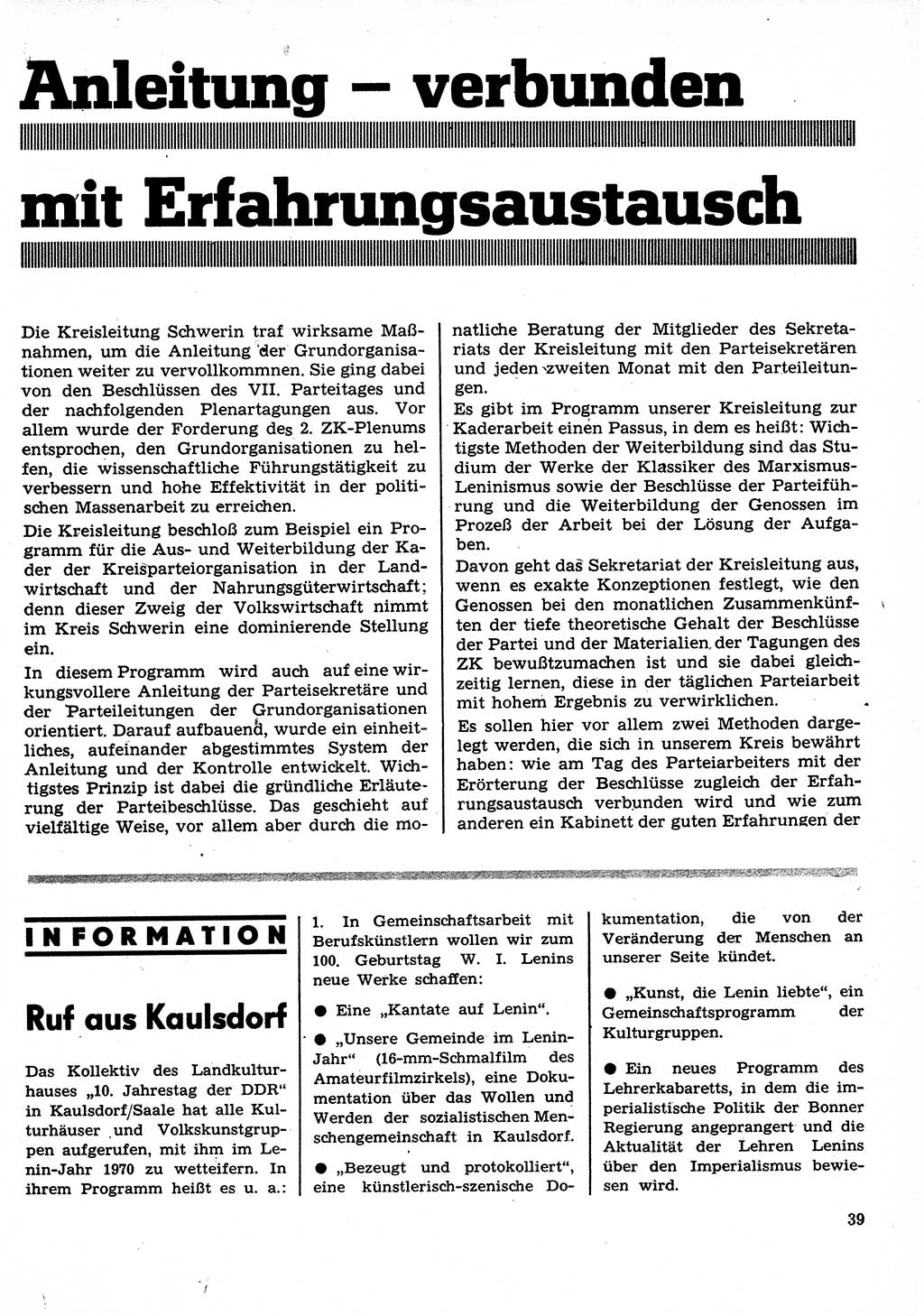 Neuer Weg (NW), Organ des Zentralkomitees (ZK) der SED (Sozialistische Einheitspartei Deutschlands) für Fragen des Parteilebens, 25. Jahrgang [Deutsche Demokratische Republik (DDR)] 1970, Seite 39 (NW ZK SED DDR 1970, S. 39)