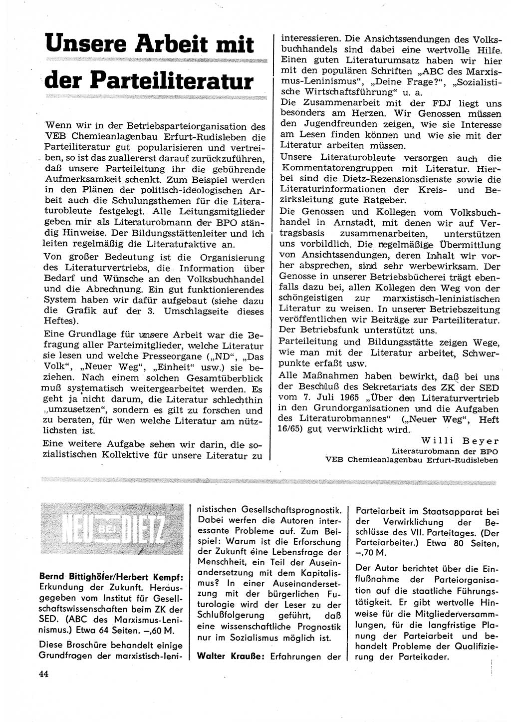 Neuer Weg (NW), Organ des Zentralkomitees (ZK) der SED (Sozialistische Einheitspartei Deutschlands) für Fragen des Parteilebens, 25. Jahrgang [Deutsche Demokratische Republik (DDR)] 1970, Seite 44 (NW ZK SED DDR 1970, S. 44)