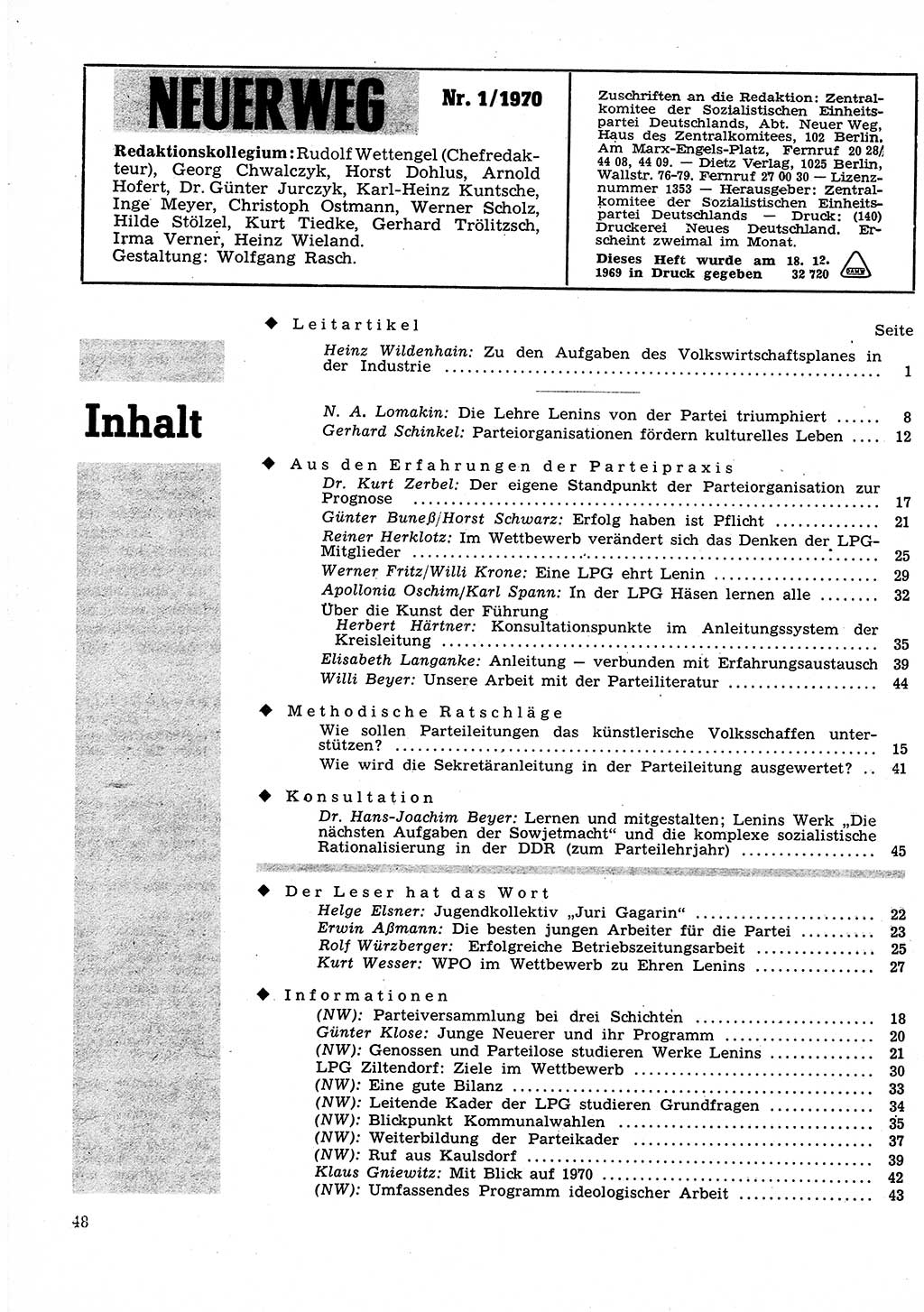 Neuer Weg (NW), Organ des Zentralkomitees (ZK) der SED (Sozialistische Einheitspartei Deutschlands) für Fragen des Parteilebens, 25. Jahrgang [Deutsche Demokratische Republik (DDR)] 1970, Seite 48 (NW ZK SED DDR 1970, S. 48)