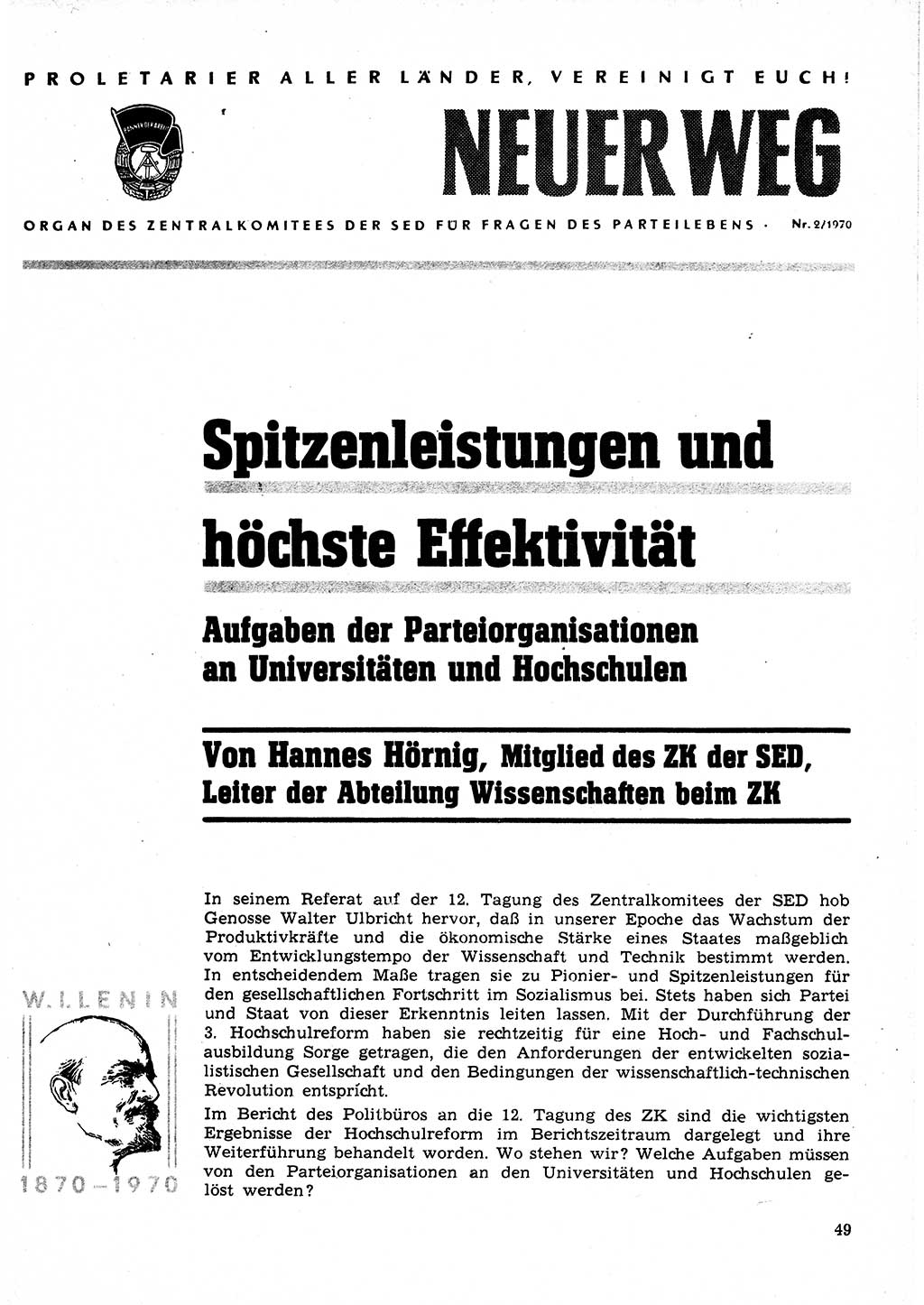 Neuer Weg (NW), Organ des Zentralkomitees (ZK) der SED (Sozialistische Einheitspartei Deutschlands) für Fragen des Parteilebens, 25. Jahrgang [Deutsche Demokratische Republik (DDR)] 1970, Seite 49 (NW ZK SED DDR 1970, S. 49)