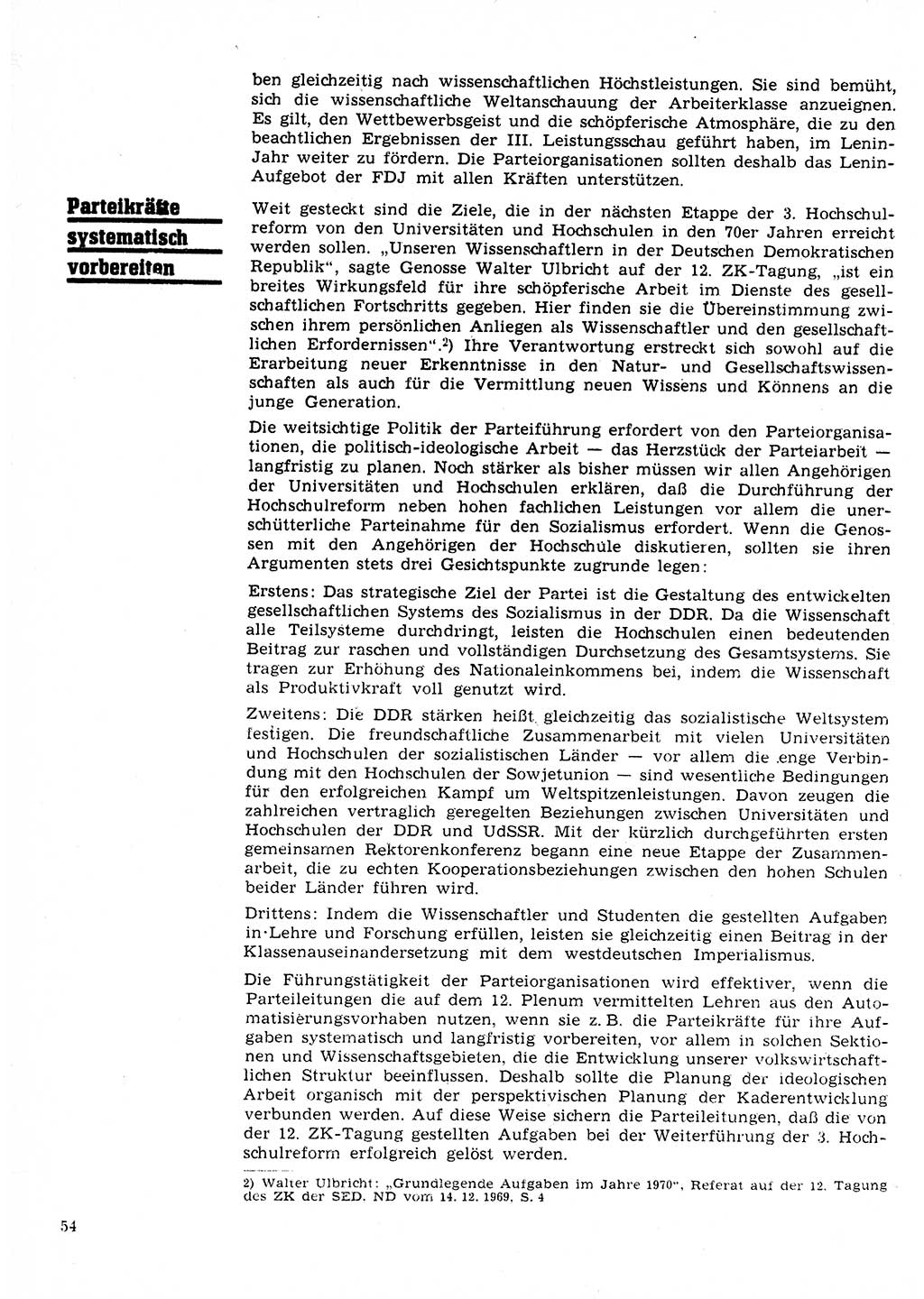 Neuer Weg (NW), Organ des Zentralkomitees (ZK) der SED (Sozialistische Einheitspartei Deutschlands) für Fragen des Parteilebens, 25. Jahrgang [Deutsche Demokratische Republik (DDR)] 1970, Seite 54 (NW ZK SED DDR 1970, S. 54)