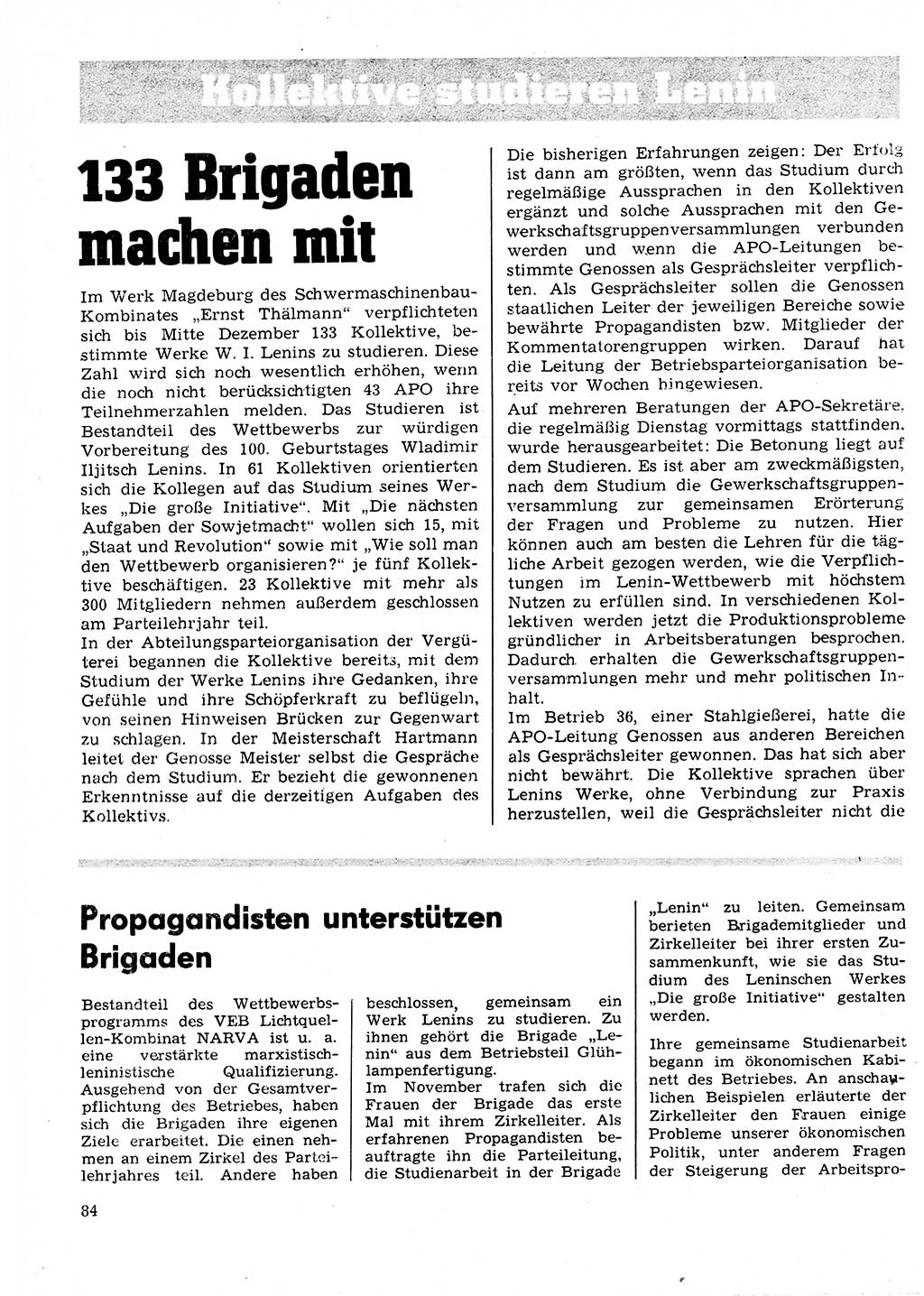 Neuer Weg (NW), Organ des Zentralkomitees (ZK) der SED (Sozialistische Einheitspartei Deutschlands) für Fragen des Parteilebens, 25. Jahrgang [Deutsche Demokratische Republik (DDR)] 1970, Seite 84 (NW ZK SED DDR 1970, S. 84)