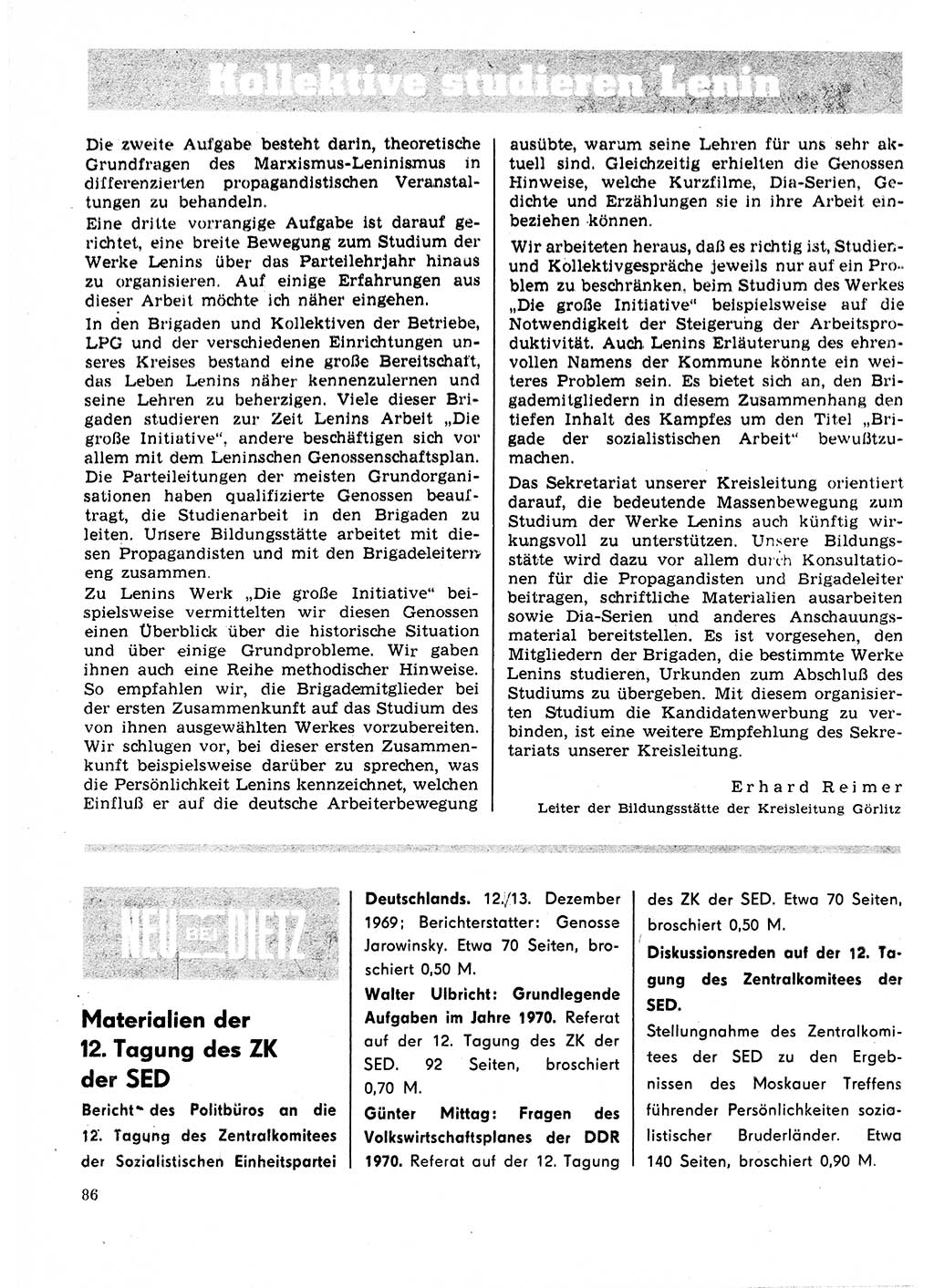 Neuer Weg (NW), Organ des Zentralkomitees (ZK) der SED (Sozialistische Einheitspartei Deutschlands) für Fragen des Parteilebens, 25. Jahrgang [Deutsche Demokratische Republik (DDR)] 1970, Seite 86 (NW ZK SED DDR 1970, S. 86)