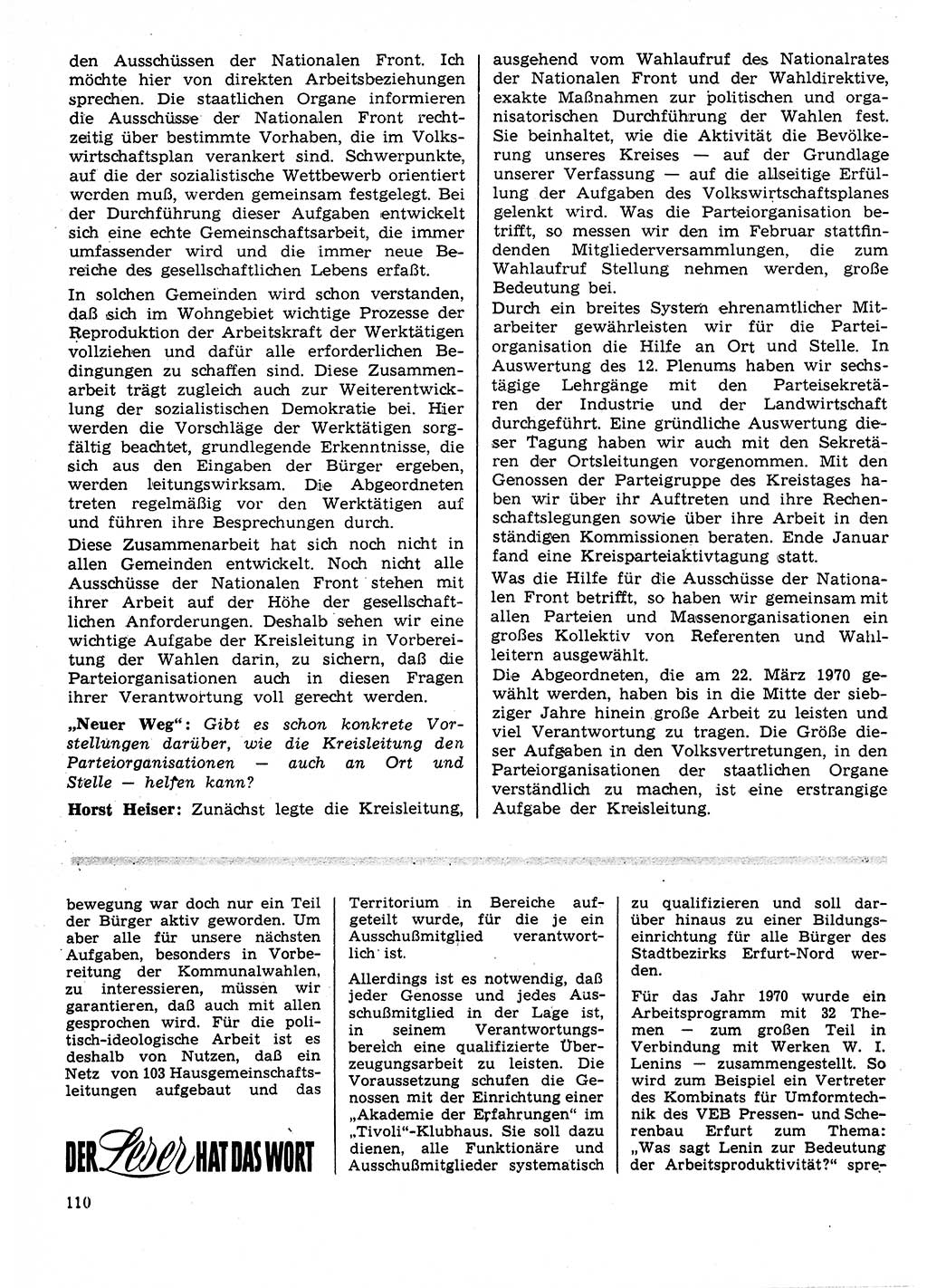 Neuer Weg (NW), Organ des Zentralkomitees (ZK) der SED (Sozialistische Einheitspartei Deutschlands) für Fragen des Parteilebens, 25. Jahrgang [Deutsche Demokratische Republik (DDR)] 1970, Seite 110 (NW ZK SED DDR 1970, S. 110)