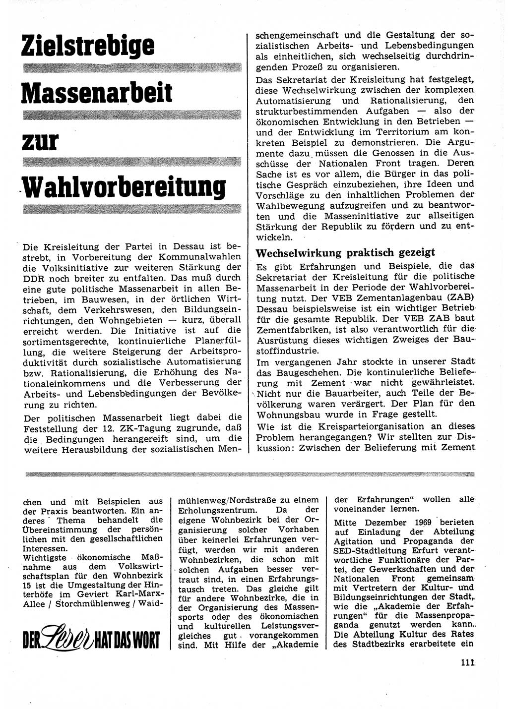 Neuer Weg (NW), Organ des Zentralkomitees (ZK) der SED (Sozialistische Einheitspartei Deutschlands) für Fragen des Parteilebens, 25. Jahrgang [Deutsche Demokratische Republik (DDR)] 1970, Seite 111 (NW ZK SED DDR 1970, S. 111)
