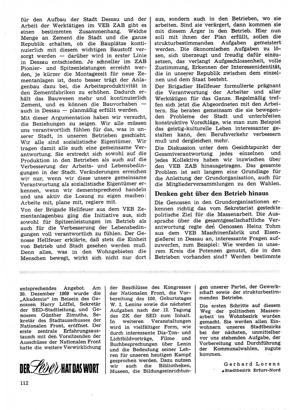 Neuer Weg (NW), Organ des Zentralkomitees (ZK) der SED (Sozialistische Einheitspartei Deutschlands) für Fragen des Parteilebens, 25. Jahrgang [Deutsche Demokratische Republik (DDR)] 1970, Seite 112 (NW ZK SED DDR 1970, S. 112)