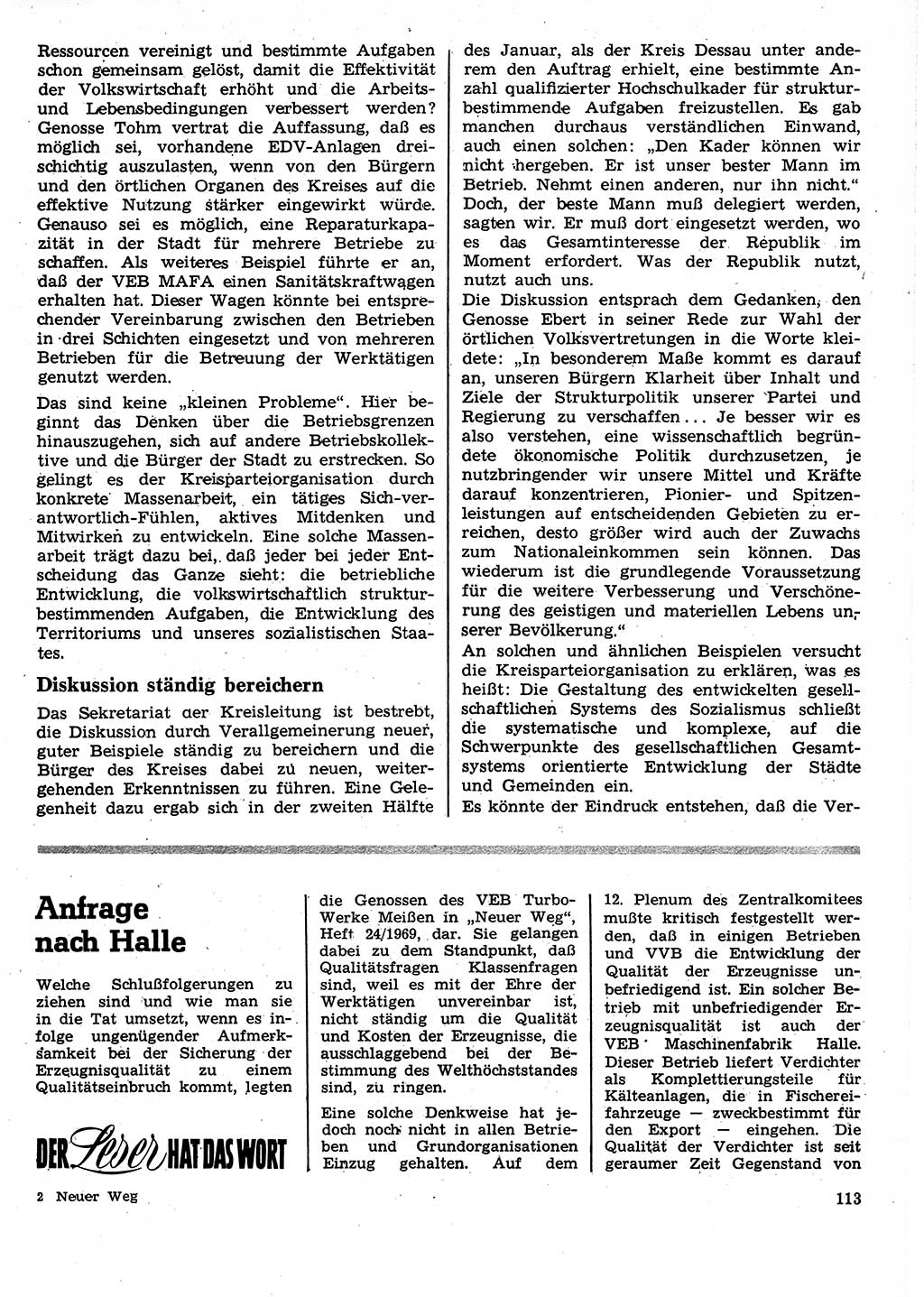 Neuer Weg (NW), Organ des Zentralkomitees (ZK) der SED (Sozialistische Einheitspartei Deutschlands) für Fragen des Parteilebens, 25. Jahrgang [Deutsche Demokratische Republik (DDR)] 1970, Seite 113 (NW ZK SED DDR 1970, S. 113)