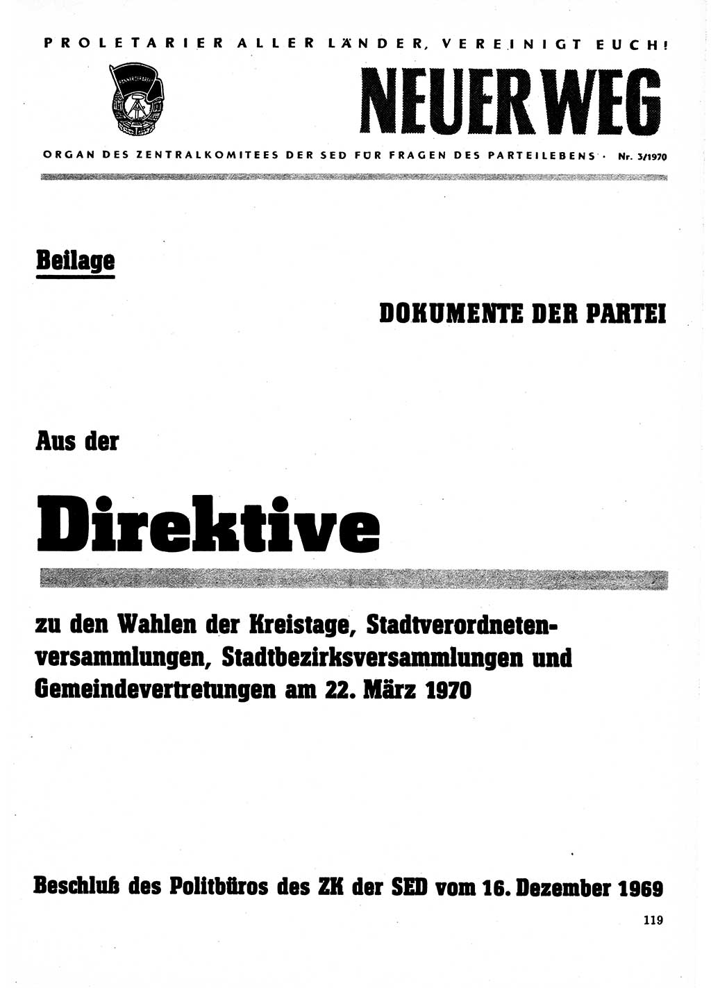Neuer Weg (NW), Organ des Zentralkomitees (ZK) der SED (Sozialistische Einheitspartei Deutschlands) für Fragen des Parteilebens, 25. Jahrgang [Deutsche Demokratische Republik (DDR)] 1970, Seite 119 (NW ZK SED DDR 1970, S. 119)