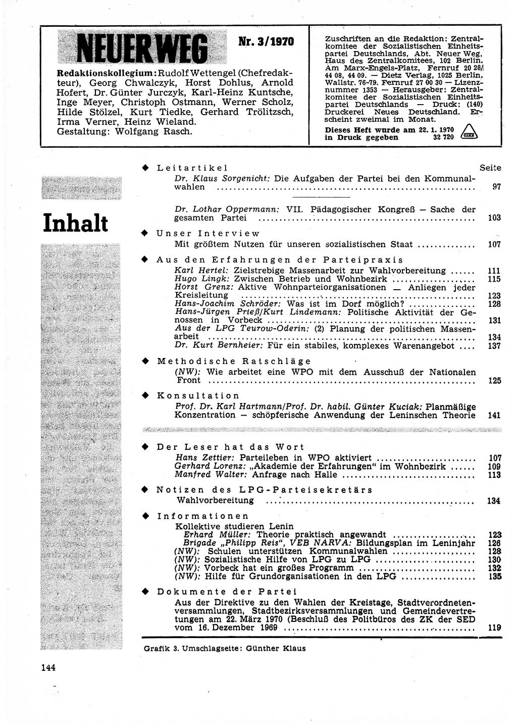 Neuer Weg (NW), Organ des Zentralkomitees (ZK) der SED (Sozialistische Einheitspartei Deutschlands) für Fragen des Parteilebens, 25. Jahrgang [Deutsche Demokratische Republik (DDR)] 1970, Seite 144 (NW ZK SED DDR 1970, S. 144)