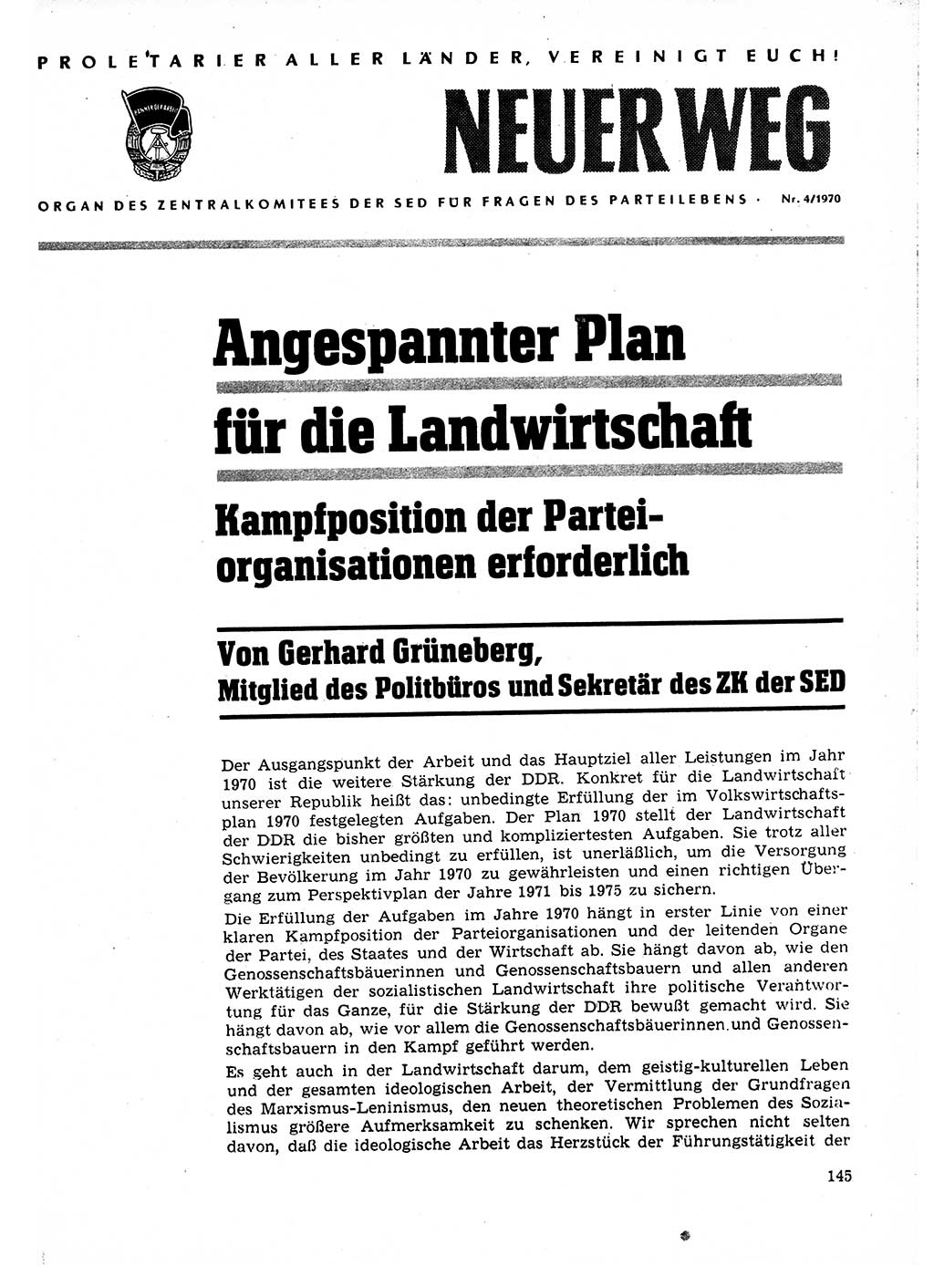 Neuer Weg (NW), Organ des Zentralkomitees (ZK) der SED (Sozialistische Einheitspartei Deutschlands) für Fragen des Parteilebens, 25. Jahrgang [Deutsche Demokratische Republik (DDR)] 1970, Seite 145 (NW ZK SED DDR 1970, S. 145)