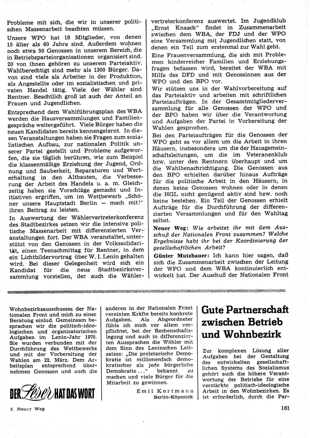 Neuer Weg (NW), Organ des Zentralkomitees (ZK) der SED (Sozialistische Einheitspartei Deutschlands) für Fragen des Parteilebens, 25. Jahrgang [Deutsche Demokratische Republik (DDR)] 1970, Seite 161 (NW ZK SED DDR 1970, S. 161)