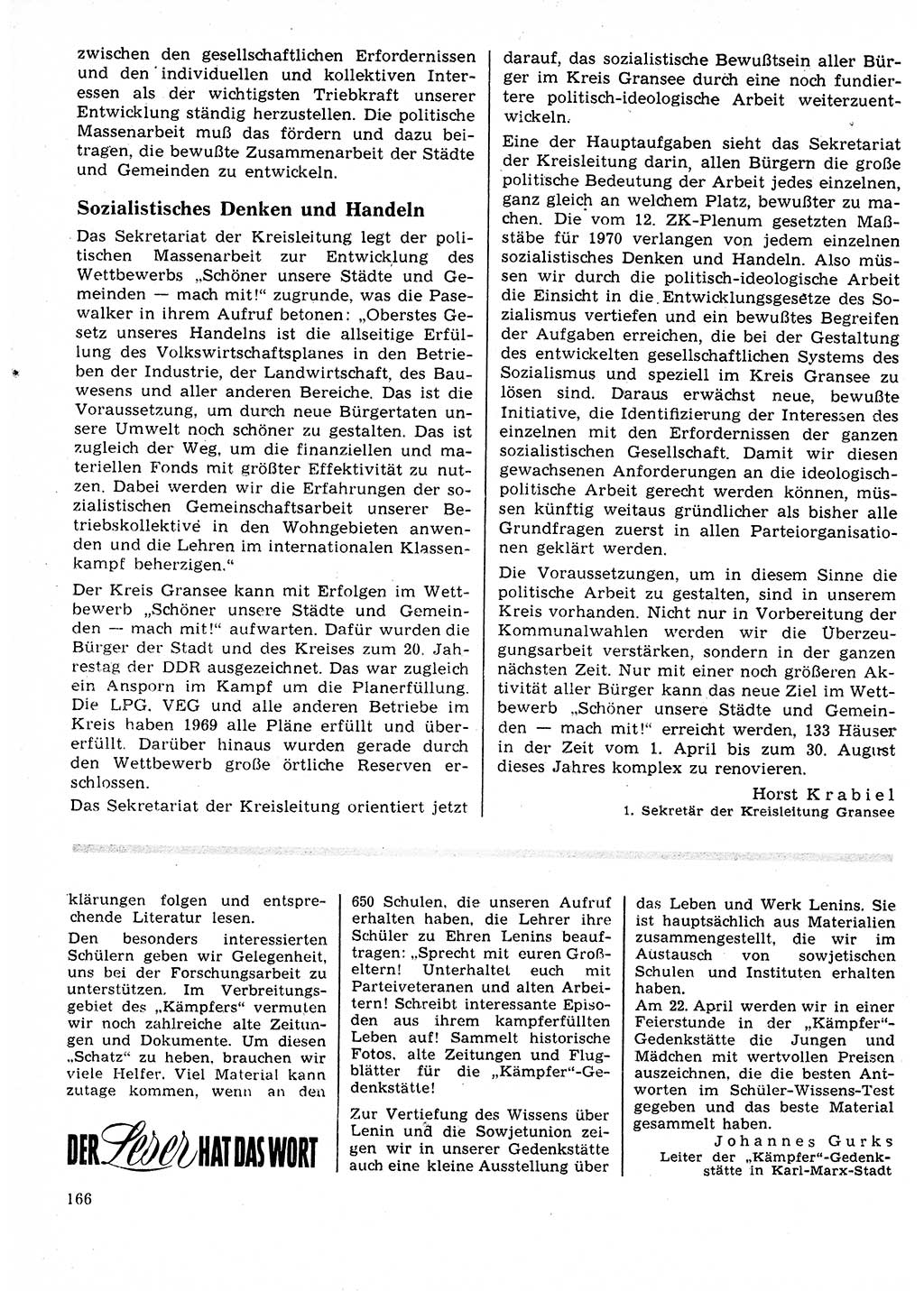Neuer Weg (NW), Organ des Zentralkomitees (ZK) der SED (Sozialistische Einheitspartei Deutschlands) für Fragen des Parteilebens, 25. Jahrgang [Deutsche Demokratische Republik (DDR)] 1970, Seite 166 (NW ZK SED DDR 1970, S. 166)