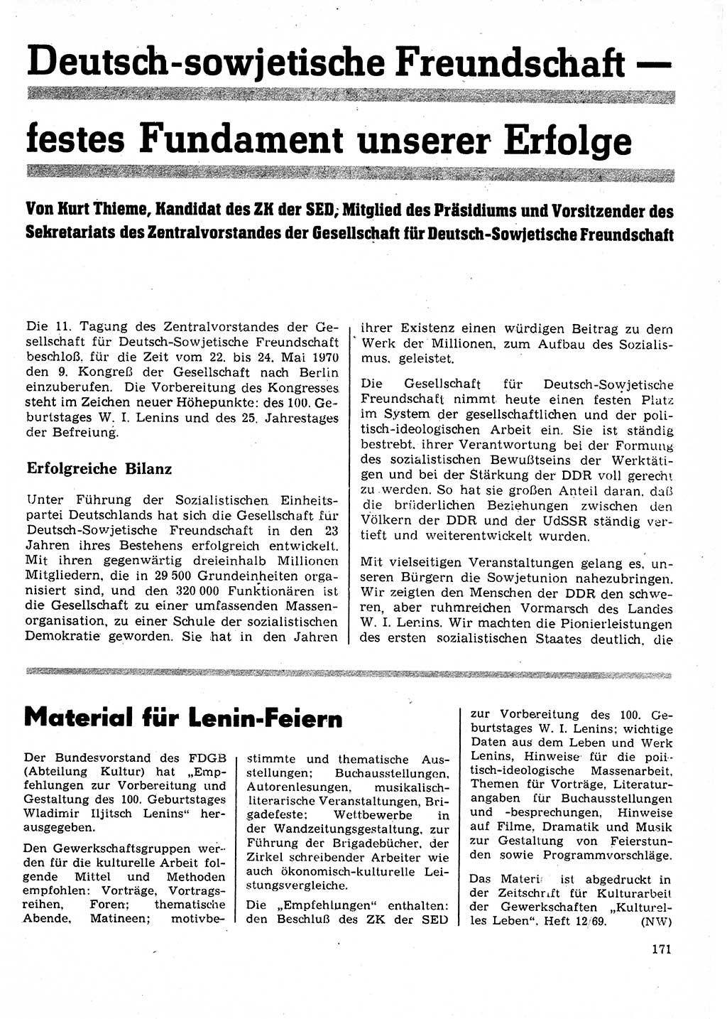 Neuer Weg (NW), Organ des Zentralkomitees (ZK) der SED (Sozialistische Einheitspartei Deutschlands) für Fragen des Parteilebens, 25. Jahrgang [Deutsche Demokratische Republik (DDR)] 1970, Seite 171 (NW ZK SED DDR 1970, S. 171)