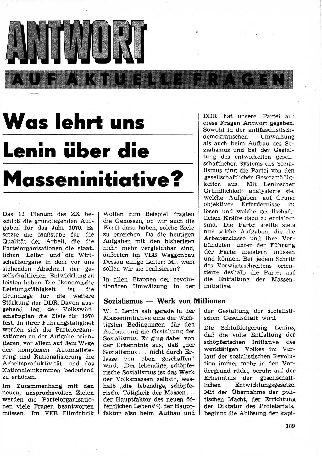 Neuer Weg (NW), Organ des Zentralkomitees (ZK) der SED (Sozialistische Einheitspartei Deutschlands) für Fragen des Parteilebens, 25. Jahrgang [Deutsche Demokratische Republik (DDR)] 1970, Seite 189 (NW ZK SED DDR 1970, S. 189)