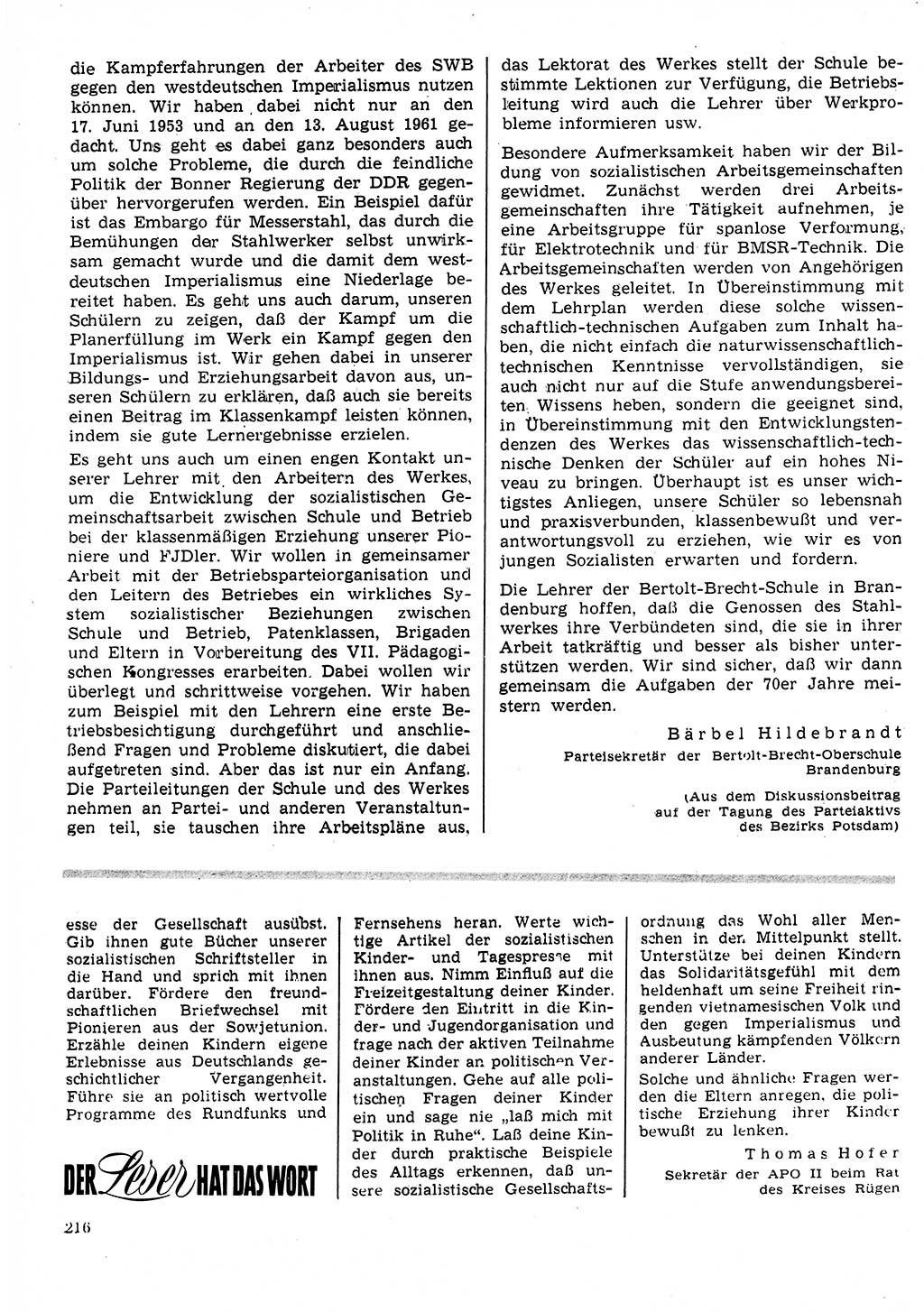 Neuer Weg (NW), Organ des Zentralkomitees (ZK) der SED (Sozialistische Einheitspartei Deutschlands) für Fragen des Parteilebens, 25. Jahrgang [Deutsche Demokratische Republik (DDR)] 1970, Seite 216 (NW ZK SED DDR 1970, S. 216)