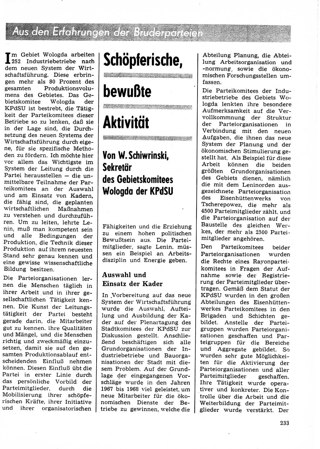 Neuer Weg (NW), Organ des Zentralkomitees (ZK) der SED (Sozialistische Einheitspartei Deutschlands) für Fragen des Parteilebens, 25. Jahrgang [Deutsche Demokratische Republik (DDR)] 1970, Seite 233 (NW ZK SED DDR 1970, S. 233)