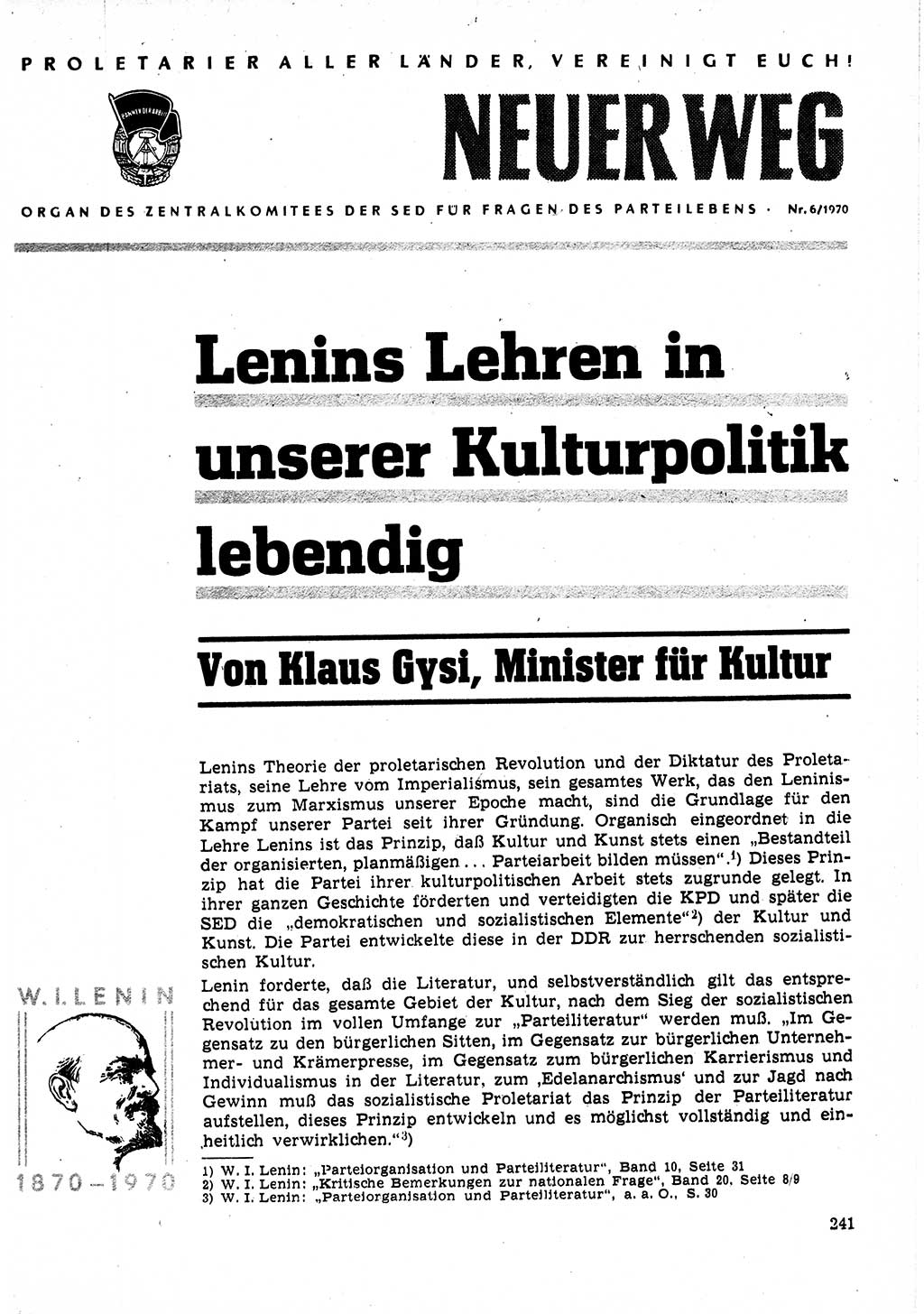 Neuer Weg (NW), Organ des Zentralkomitees (ZK) der SED (Sozialistische Einheitspartei Deutschlands) fÃ¼r Fragen des Parteilebens, 25. Jahrgang [Deutsche Demokratische Republik (DDR)] 1970, Seite 241 (NW ZK SED DDR 1970, S. 241)