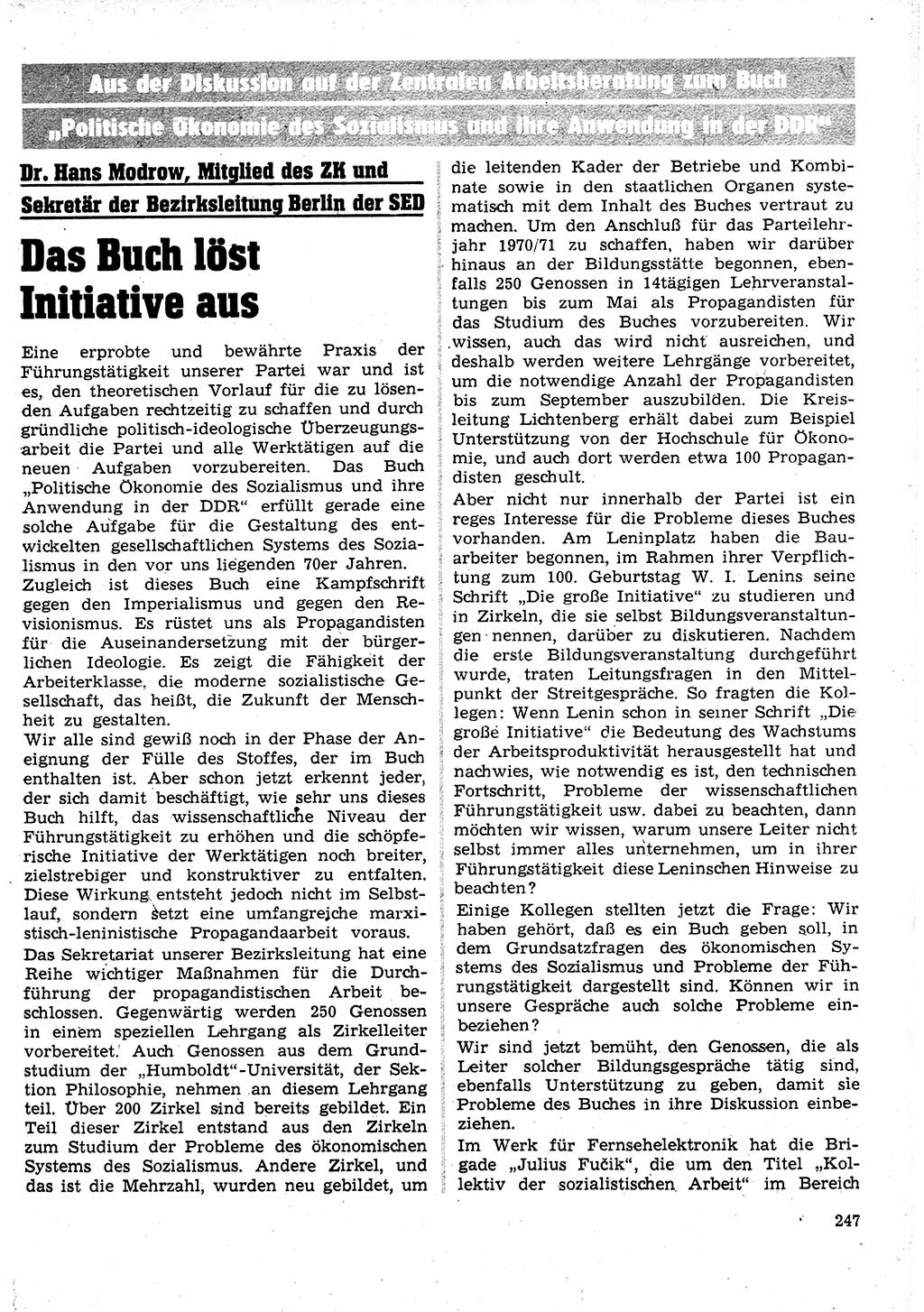 Neuer Weg (NW), Organ des Zentralkomitees (ZK) der SED (Sozialistische Einheitspartei Deutschlands) für Fragen des Parteilebens, 25. Jahrgang [Deutsche Demokratische Republik (DDR)] 1970, Seite 247 (NW ZK SED DDR 1970, S. 247)