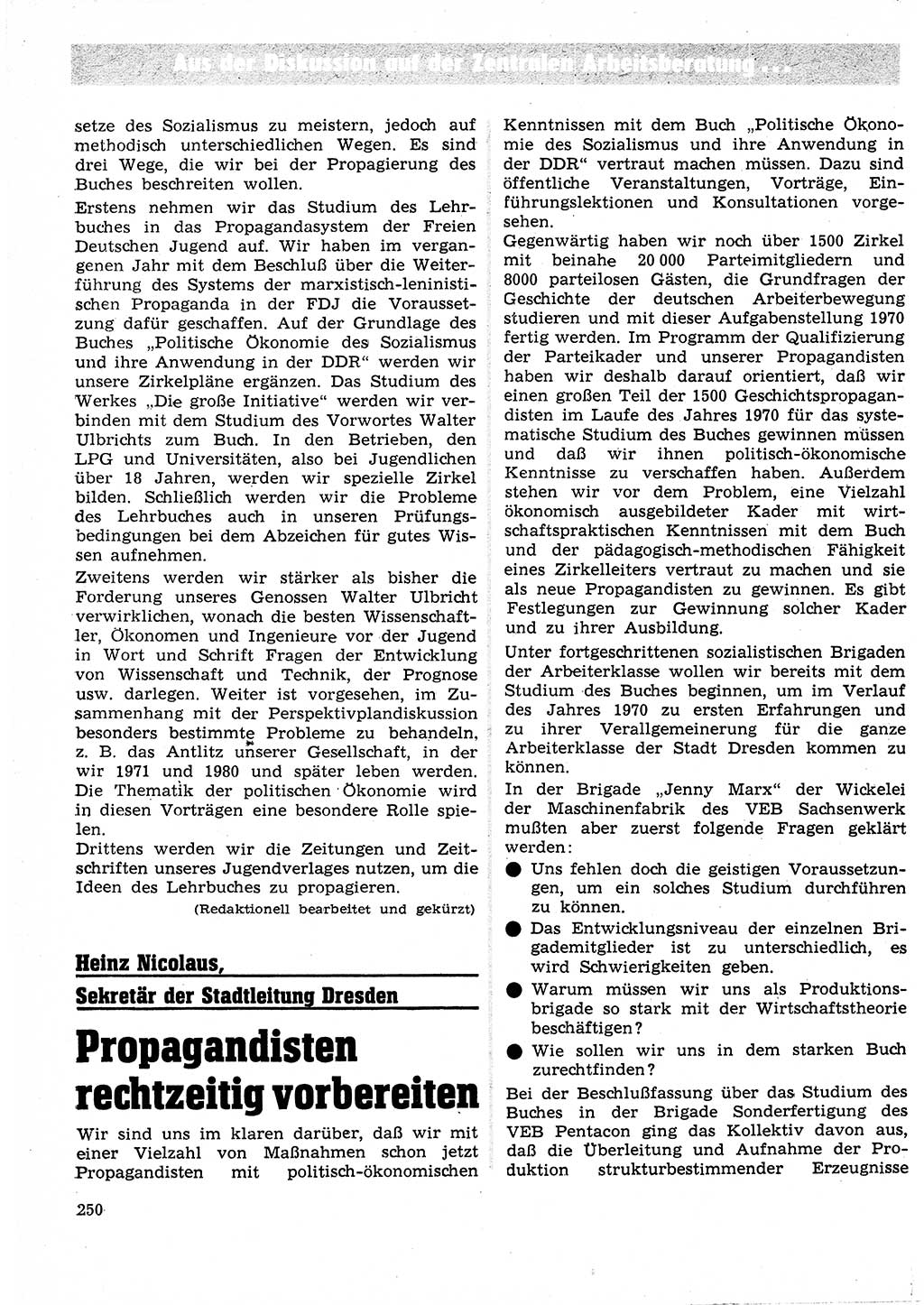 Neuer Weg (NW), Organ des Zentralkomitees (ZK) der SED (Sozialistische Einheitspartei Deutschlands) für Fragen des Parteilebens, 25. Jahrgang [Deutsche Demokratische Republik (DDR)] 1970, Seite 250 (NW ZK SED DDR 1970, S. 250)