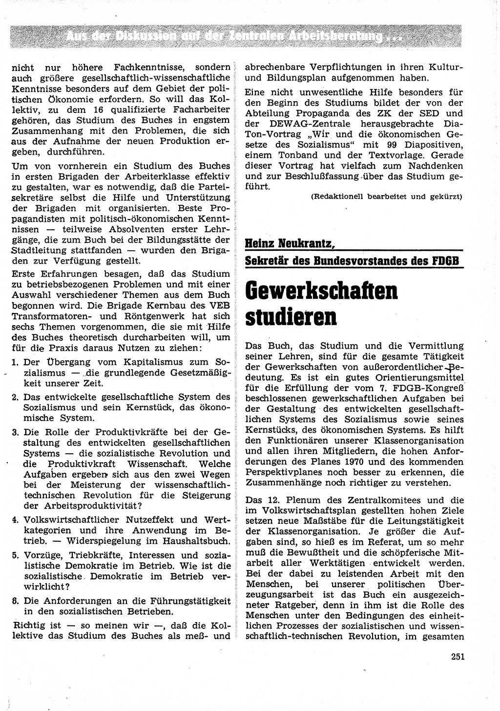 Neuer Weg (NW), Organ des Zentralkomitees (ZK) der SED (Sozialistische Einheitspartei Deutschlands) für Fragen des Parteilebens, 25. Jahrgang [Deutsche Demokratische Republik (DDR)] 1970, Seite 251 (NW ZK SED DDR 1970, S. 251)