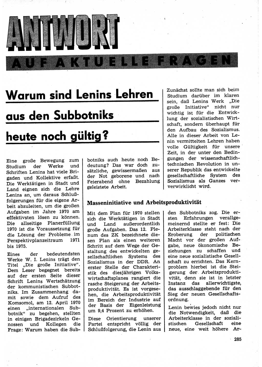 Neuer Weg (NW), Organ des Zentralkomitees (ZK) der SED (Sozialistische Einheitspartei Deutschlands) für Fragen des Parteilebens, 25. Jahrgang [Deutsche Demokratische Republik (DDR)] 1970, Seite 285 (NW ZK SED DDR 1970, S. 285)