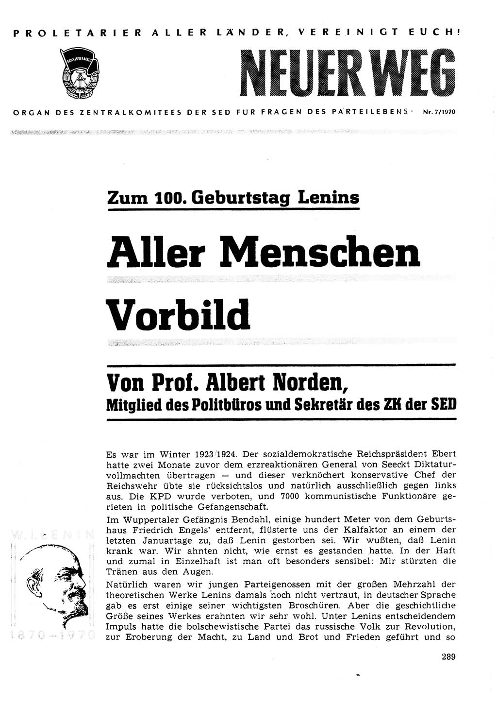 Neuer Weg (NW), Organ des Zentralkomitees (ZK) der SED (Sozialistische Einheitspartei Deutschlands) für Fragen des Parteilebens, 25. Jahrgang [Deutsche Demokratische Republik (DDR)] 1970, Seite 289 (NW ZK SED DDR 1970, S. 289)
