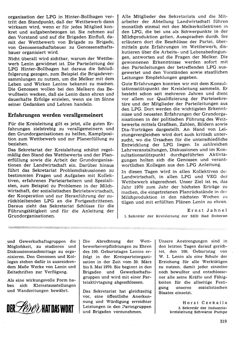 Neuer Weg (NW), Organ des Zentralkomitees (ZK) der SED (Sozialistische Einheitspartei Deutschlands) für Fragen des Parteilebens, 25. Jahrgang [Deutsche Demokratische Republik (DDR)] 1970, Seite 319 (NW ZK SED DDR 1970, S. 319)