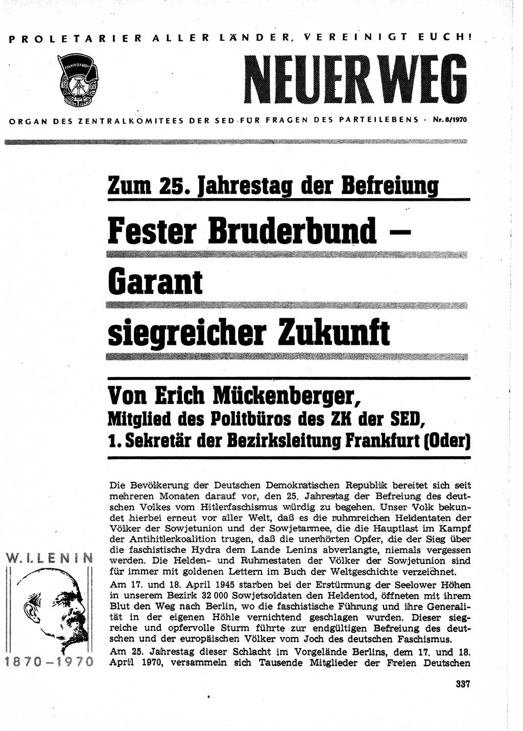 Neuer Weg (NW), Organ des Zentralkomitees (ZK) der SED (Sozialistische Einheitspartei Deutschlands) für Fragen des Parteilebens, 25. Jahrgang [Deutsche Demokratische Republik (DDR)] 1970, Seite 337 (NW ZK SED DDR 1970, S. 337)