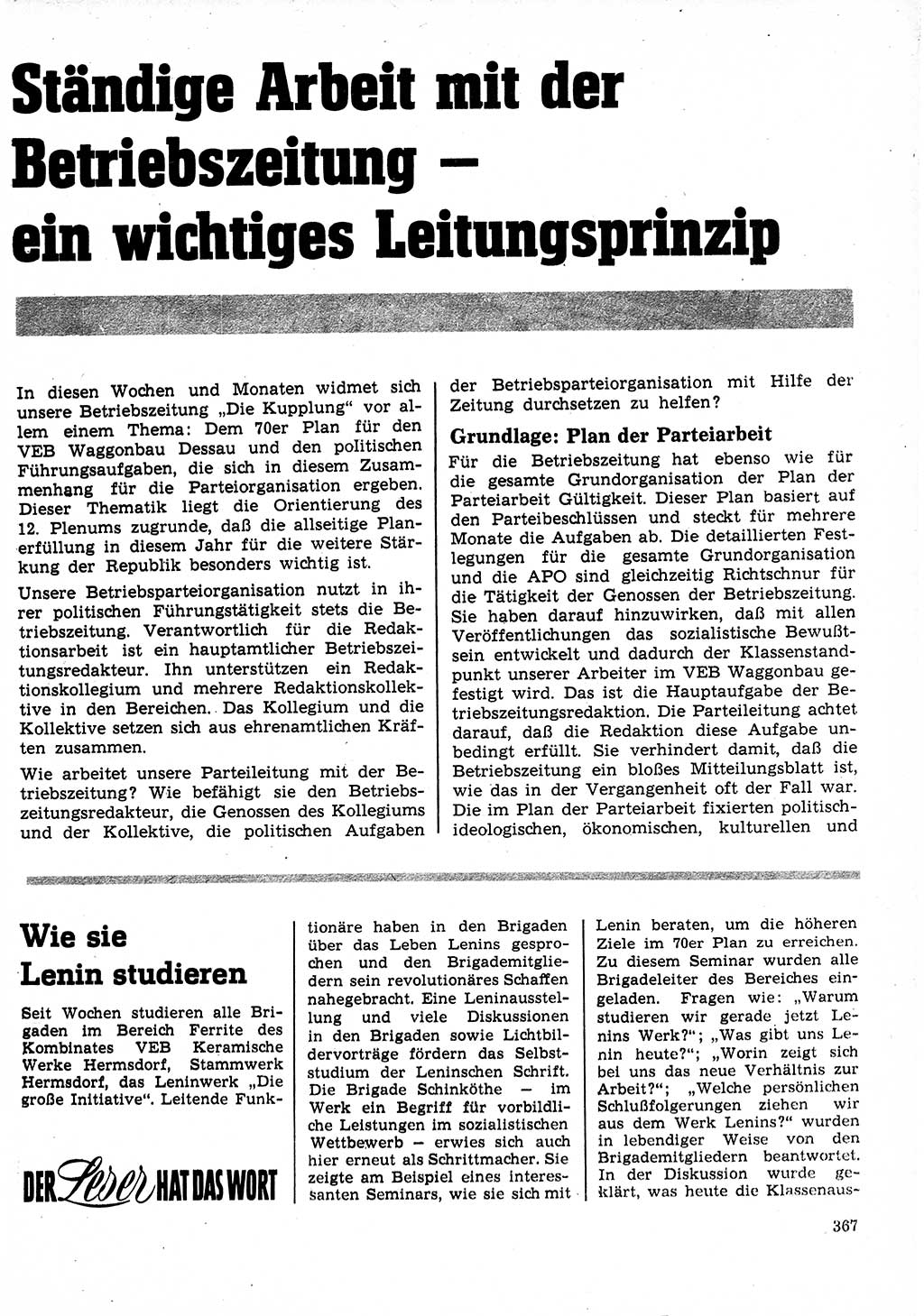 Neuer Weg (NW), Organ des Zentralkomitees (ZK) der SED (Sozialistische Einheitspartei Deutschlands) für Fragen des Parteilebens, 25. Jahrgang [Deutsche Demokratische Republik (DDR)] 1970, Seite 367 (NW ZK SED DDR 1970, S. 367)