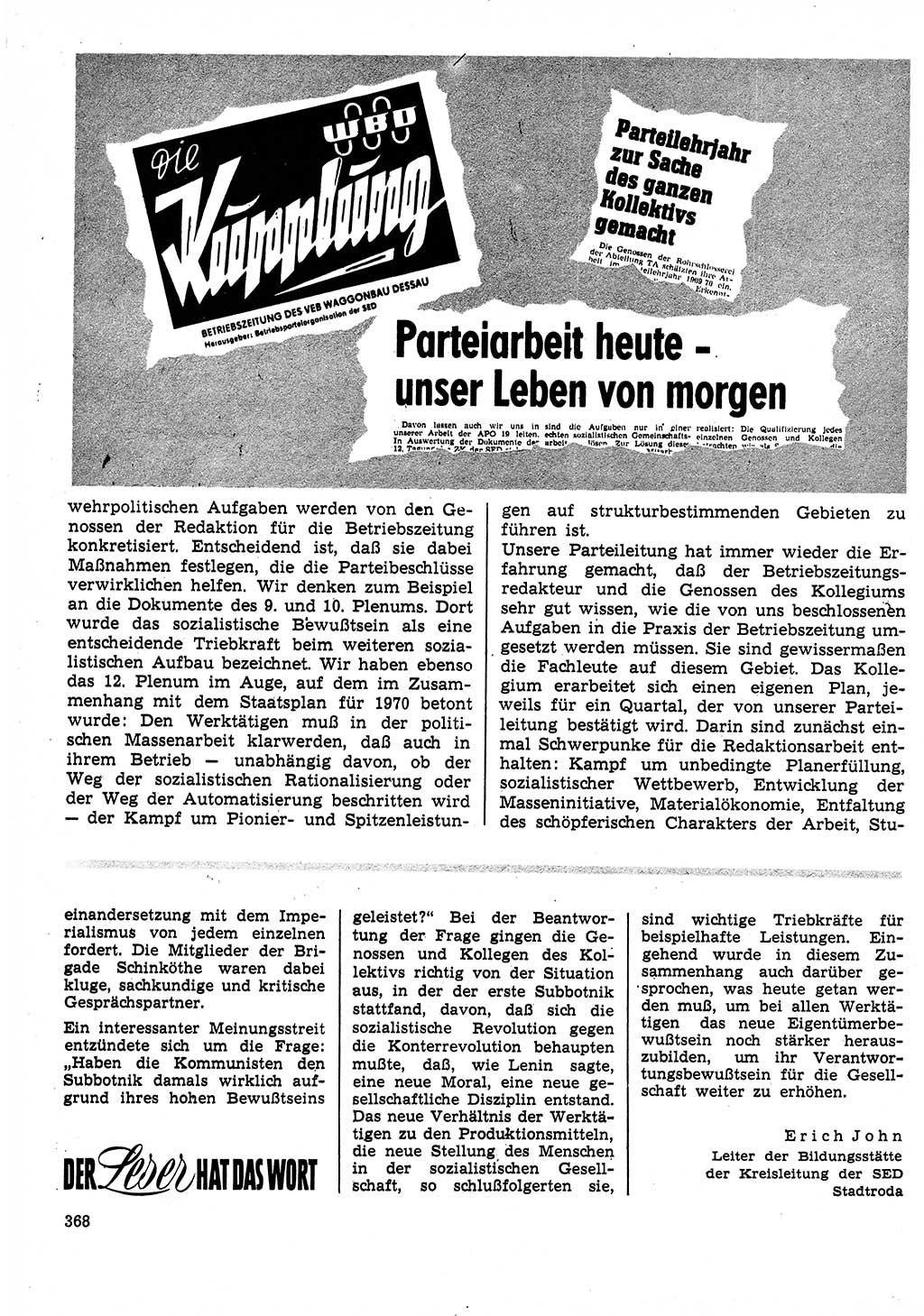 Neuer Weg (NW), Organ des Zentralkomitees (ZK) der SED (Sozialistische Einheitspartei Deutschlands) für Fragen des Parteilebens, 25. Jahrgang [Deutsche Demokratische Republik (DDR)] 1970, Seite 368 (NW ZK SED DDR 1970, S. 368)