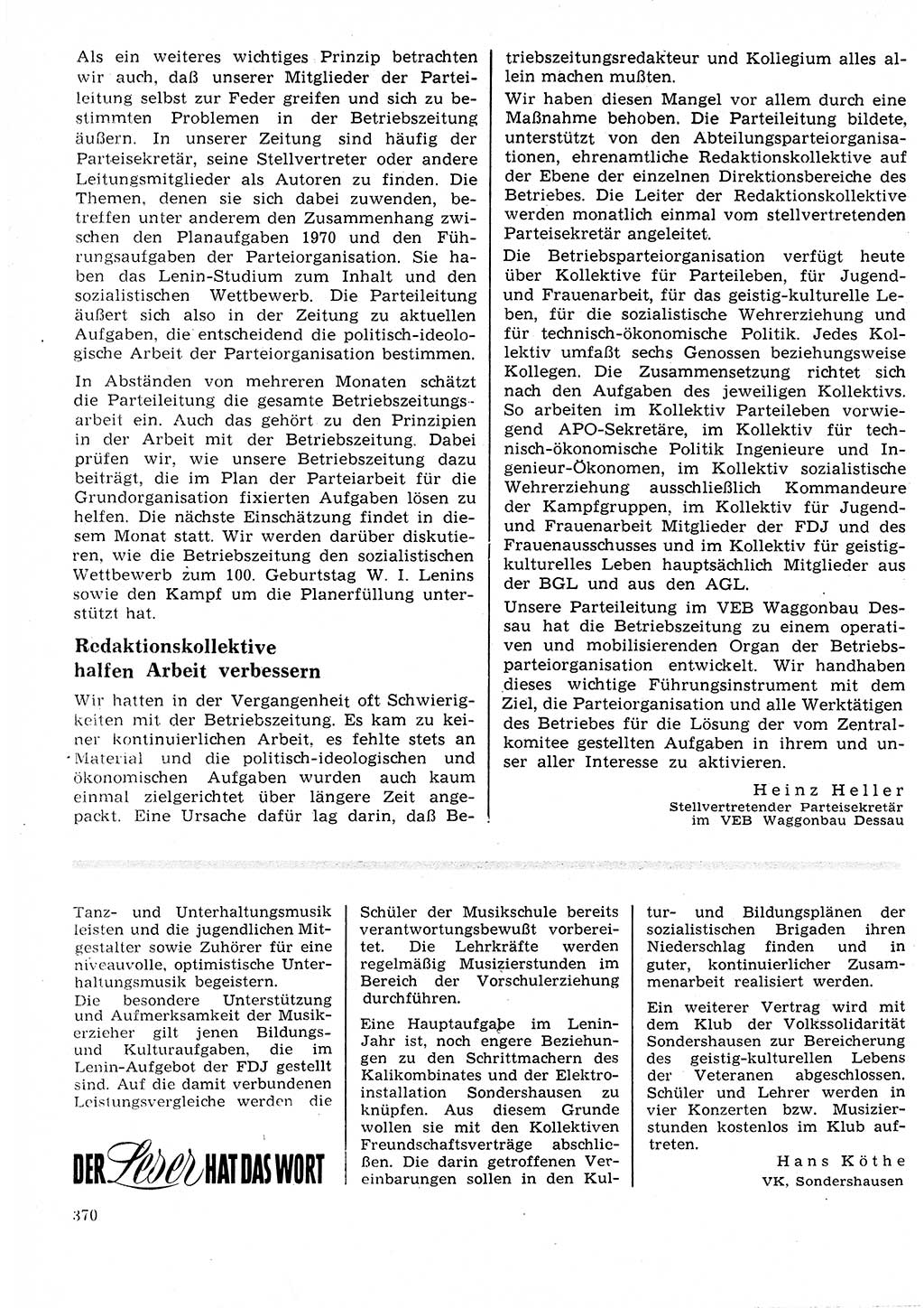 Neuer Weg (NW), Organ des Zentralkomitees (ZK) der SED (Sozialistische Einheitspartei Deutschlands) für Fragen des Parteilebens, 25. Jahrgang [Deutsche Demokratische Republik (DDR)] 1970, Seite 370 (NW ZK SED DDR 1970, S. 370)